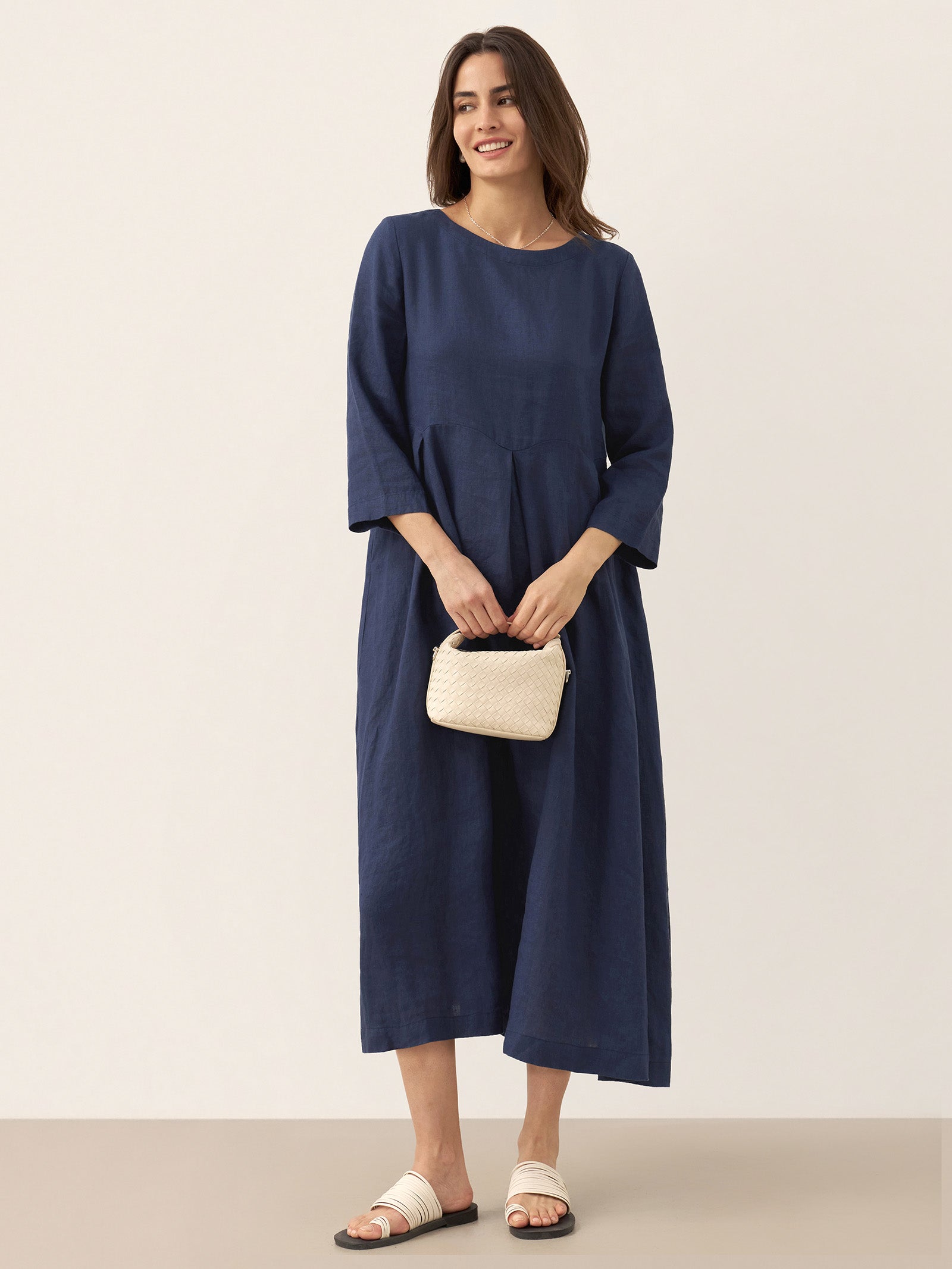 100% Linen Bateau Neck Pleated Midi Dress by LINTICO