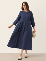 100% Linen Bateau Neck Pleated Midi Dress by LINTICO