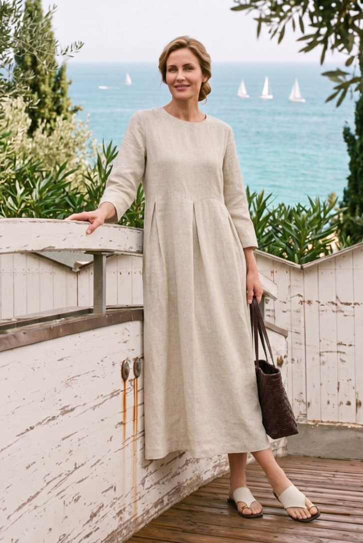 100% Linen Bateau Neck Pleated Midi Dress ABIGAIL by LINTICO