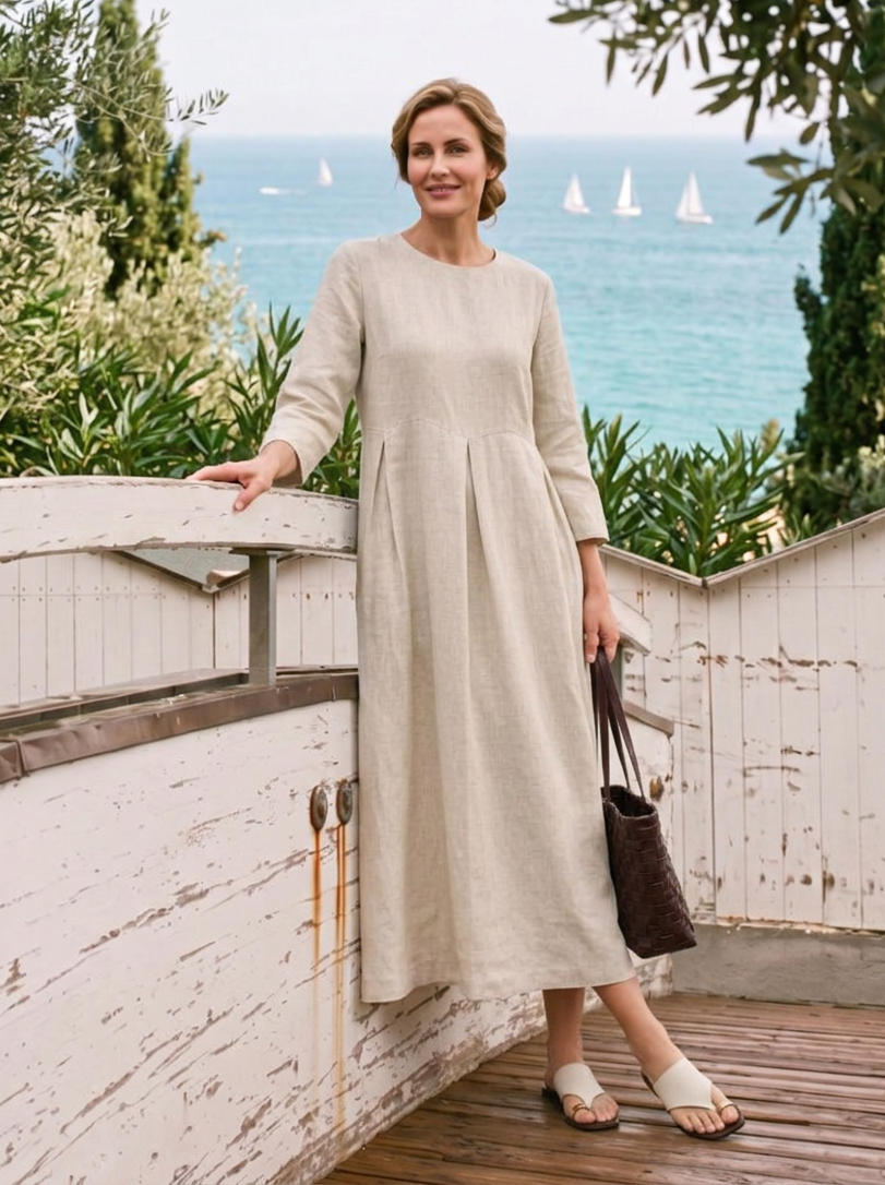 100% Linen Bateau Neck Pleated Midi Dress ABIGAIL by LINTICO