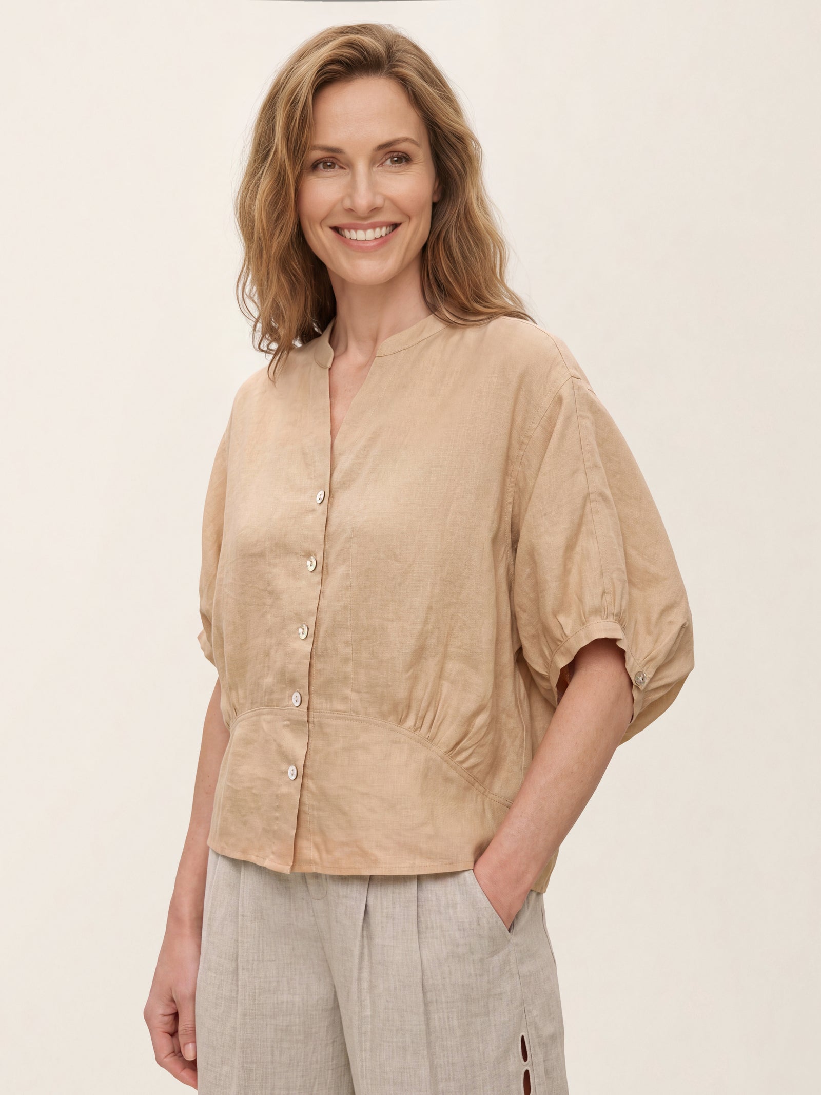 100% Linen Batwing Sleeve Peplum Shirt MIRELLA by LINTICO