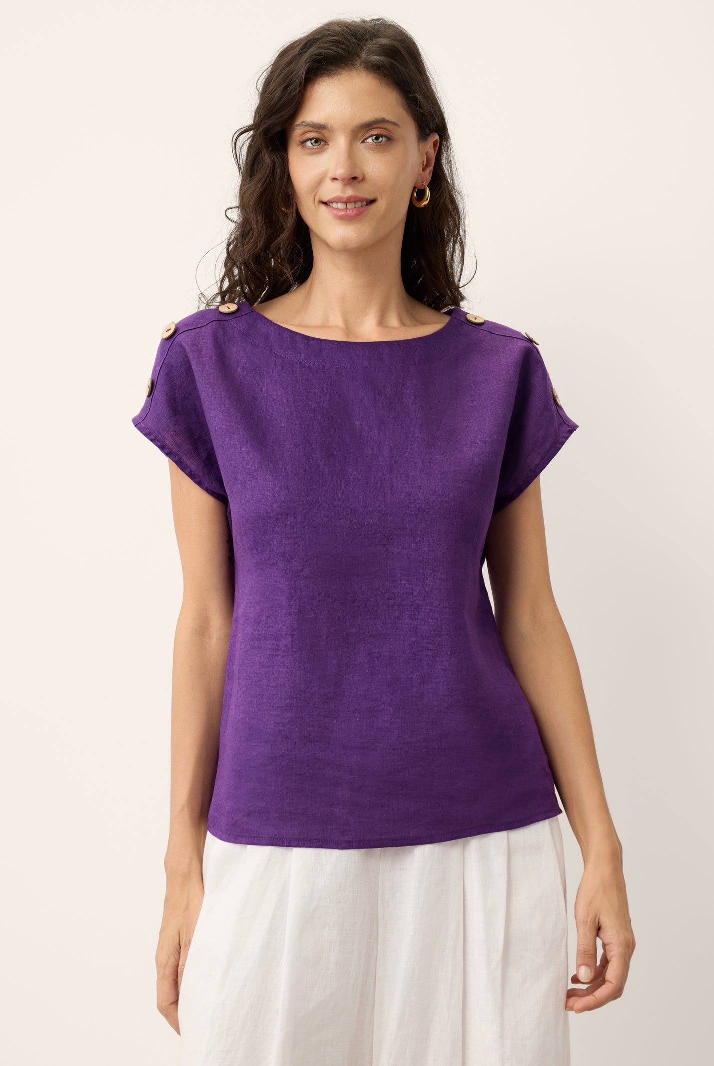 100% Linen Round Neck Button Detail Top ISABELLE by LINTICO for women
