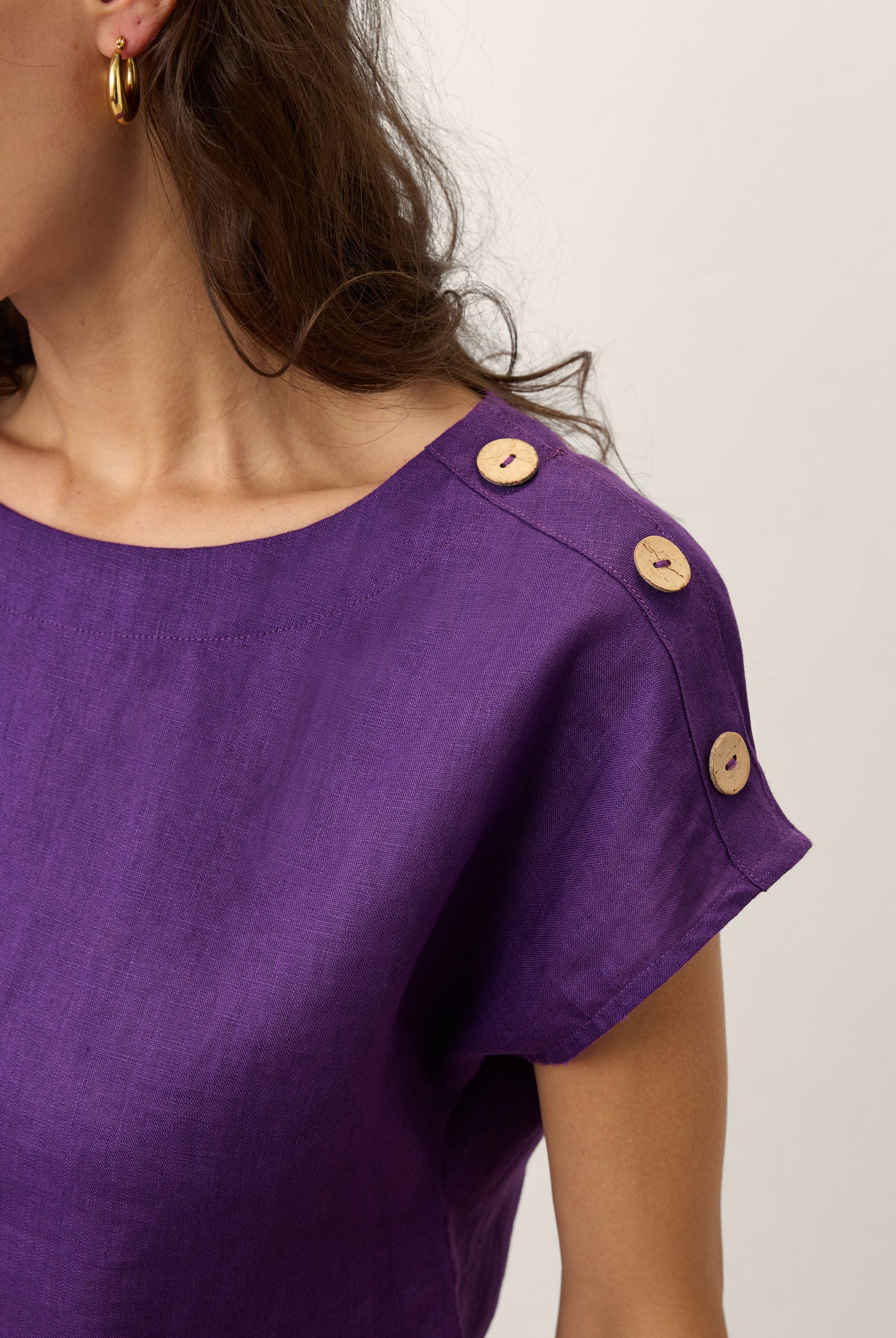 100% Linen Round Neck Button Detail Top ISABELLE by LINTICO for women