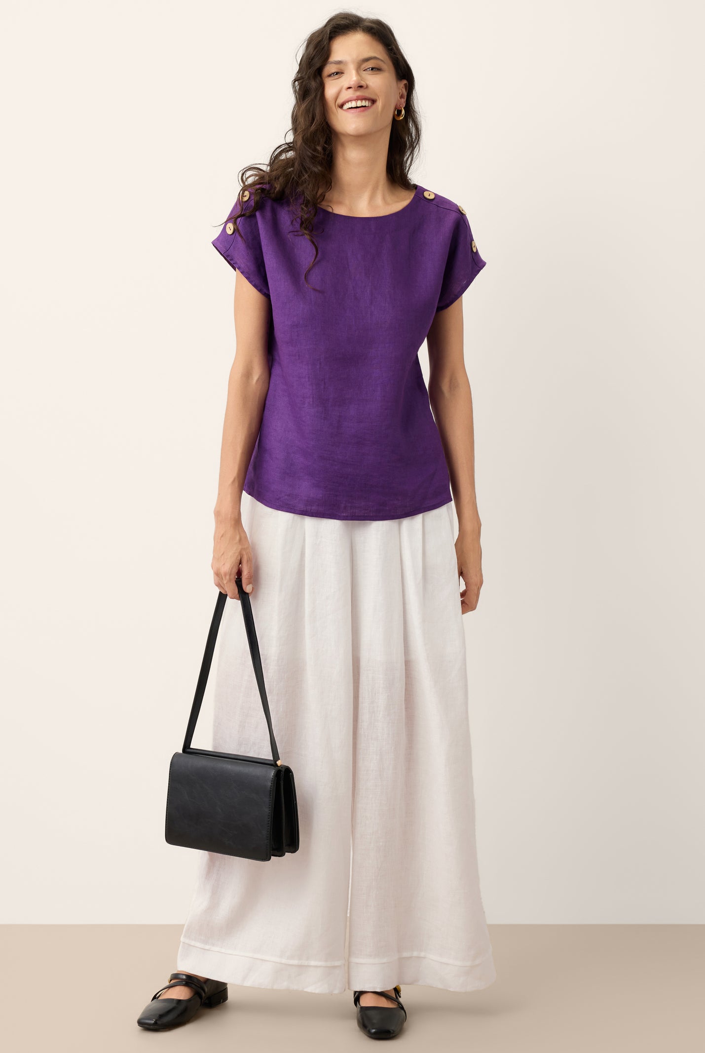 100% Linen Round Neck Button Detail Top ISABELLE by LINTICO for women