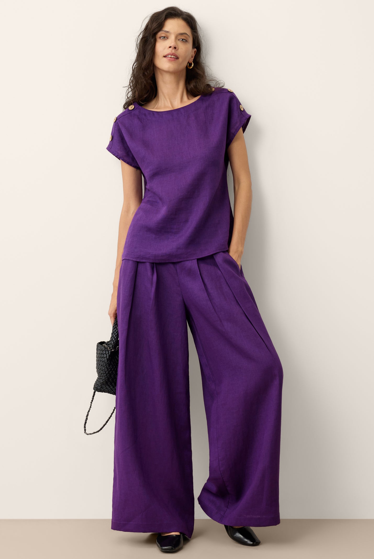 100% Linen Round Neck Button Detail Top ISABELLE by LINTICO for women