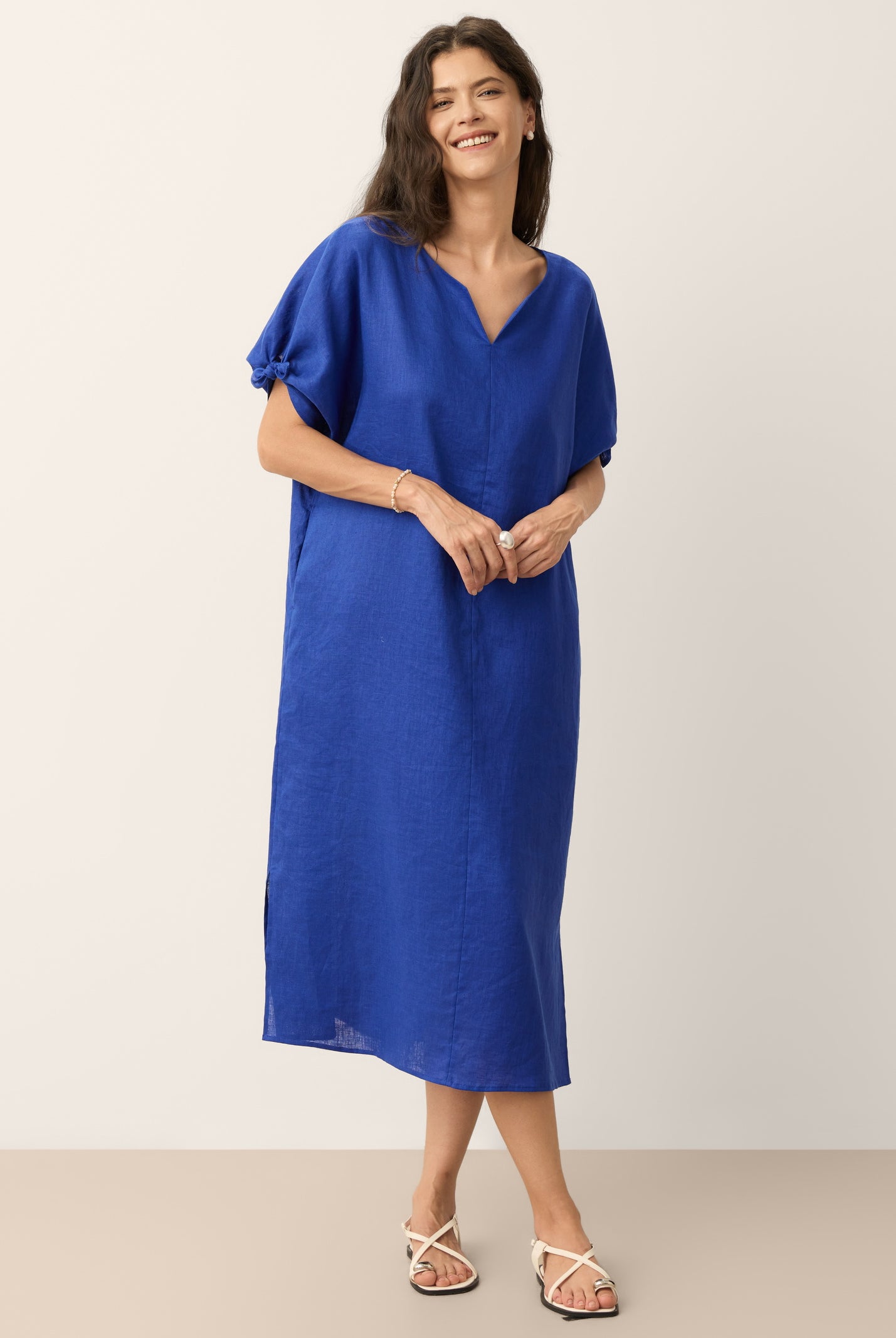 100% Linen Bow-Tie Cuff Split-Hem Midi Dress JESSAMINE by LINTICO for women