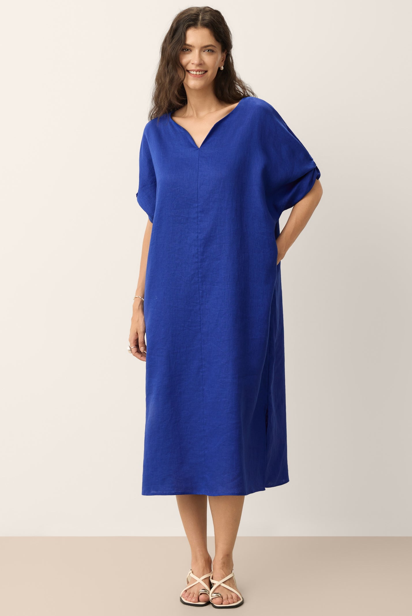100% Linen Bow-Tie Cuff Split-Hem Midi Dress JESSAMINE by LINTICO for women