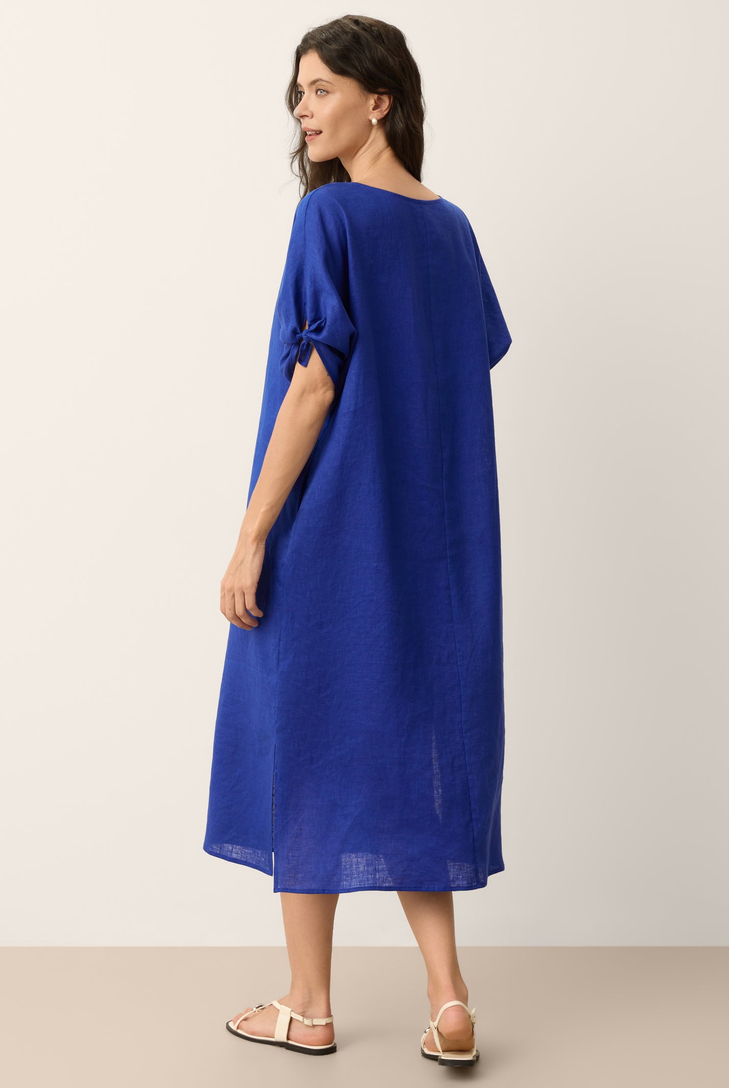 100% Linen Bow-Tie Cuff Split-Hem Midi Dress JESSAMINE by LINTICO for women