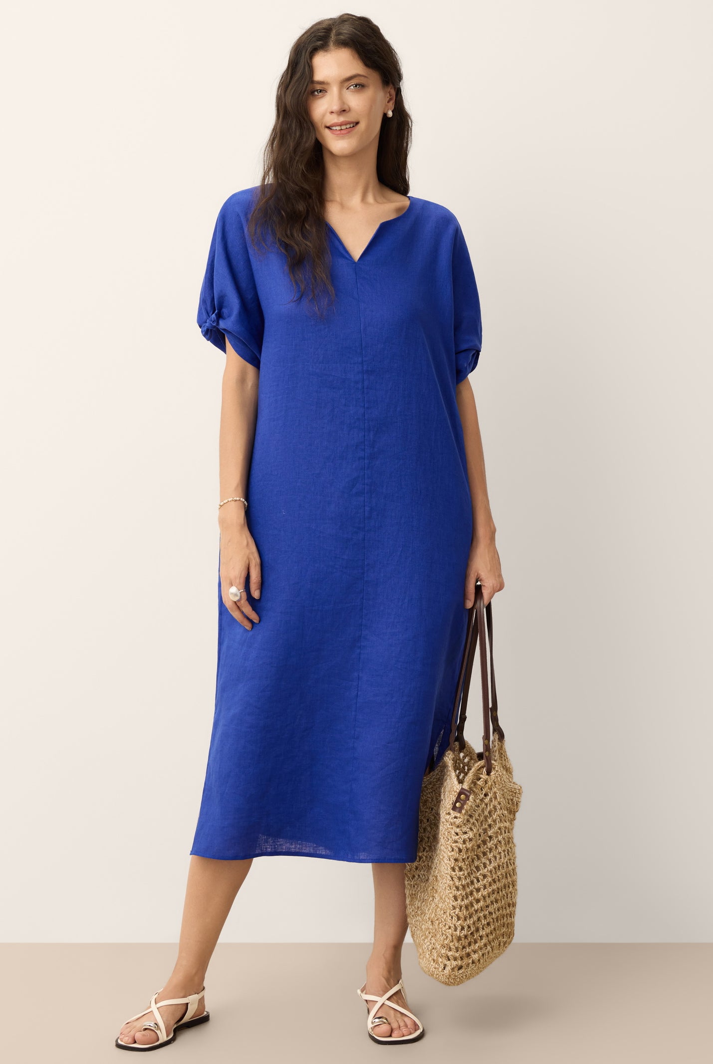 100% Linen Bow-Tie Cuff Split-Hem Midi Dress JESSAMINE by LINTICO for women