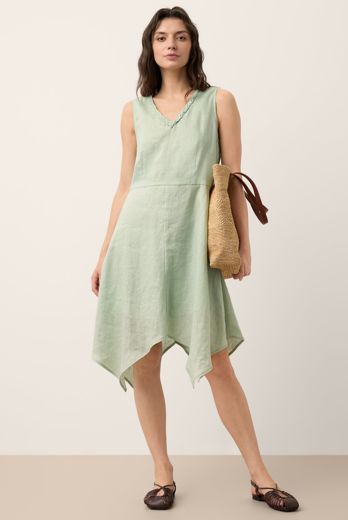 100% Linen Braided V Neck Handkerchief Hem Mini Dress ANNORA by LINTICO for women