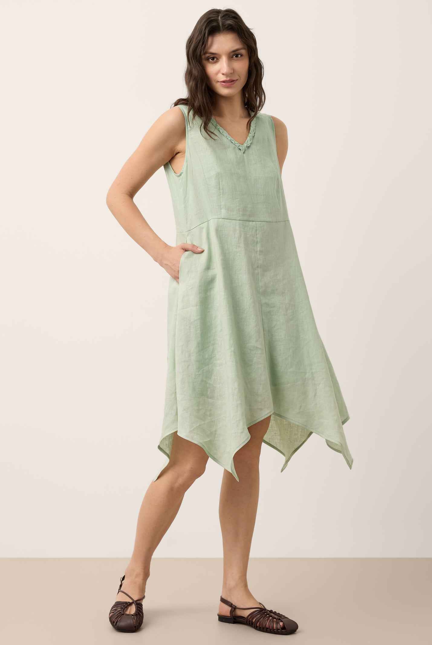 100% Linen Braided V Neck Handkerchief Hem Mini Dress ANNORA by LINTICO for women