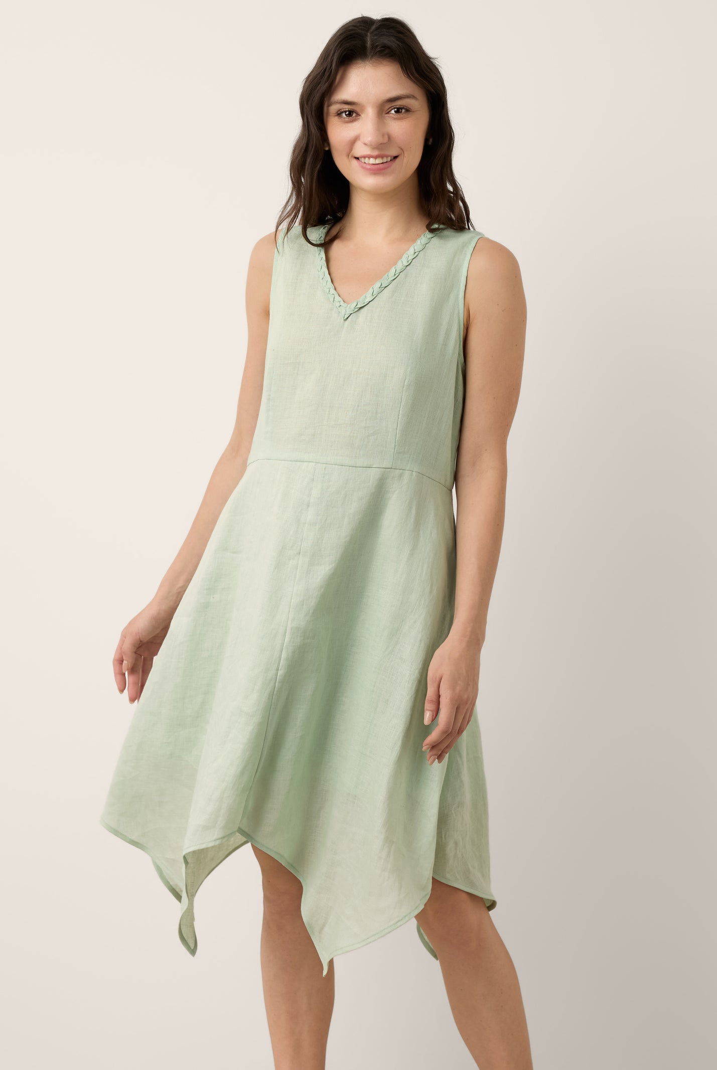 100% Linen Braided V Neck Handkerchief Hem Mini Dress ANNORA by LINTICO for women