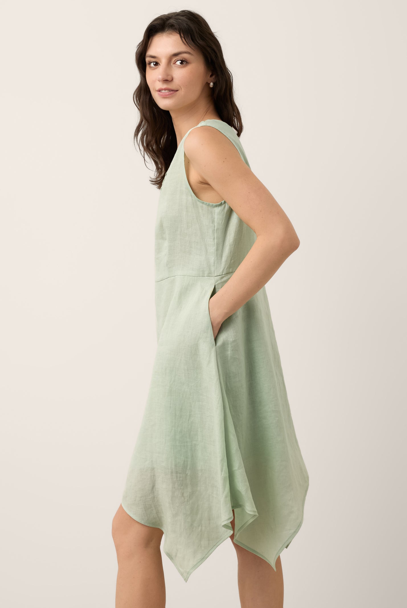 100% Linen Braided V Neck Handkerchief Hem Mini Dress ANNORA by LINTICO for women