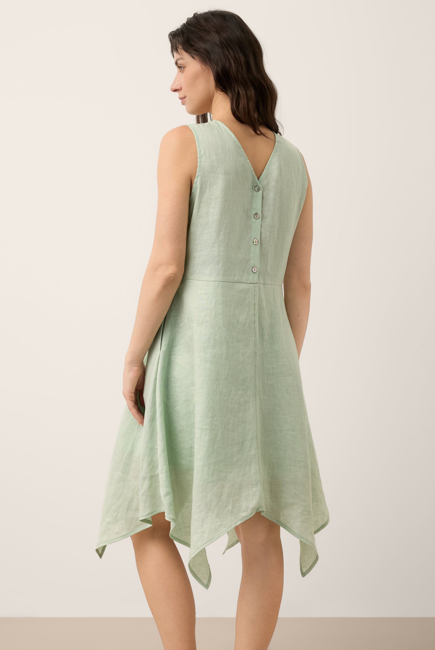100% Linen Braided V Neck Handkerchief Hem Mini Dress ANNORA by LINTICO for women