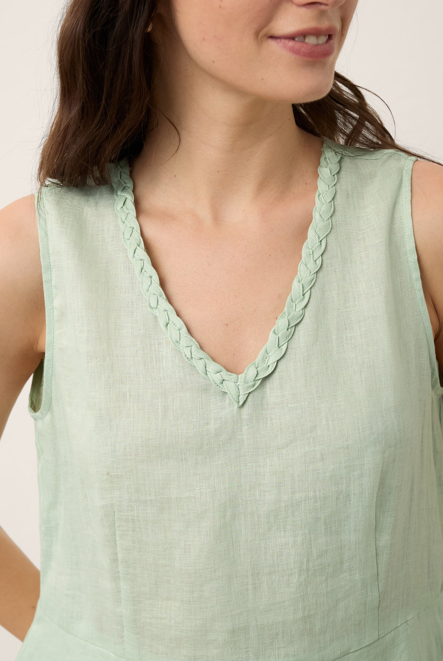100% Linen Braided V Neck Handkerchief Hem Mini Dress ANNORA by LINTICO for women