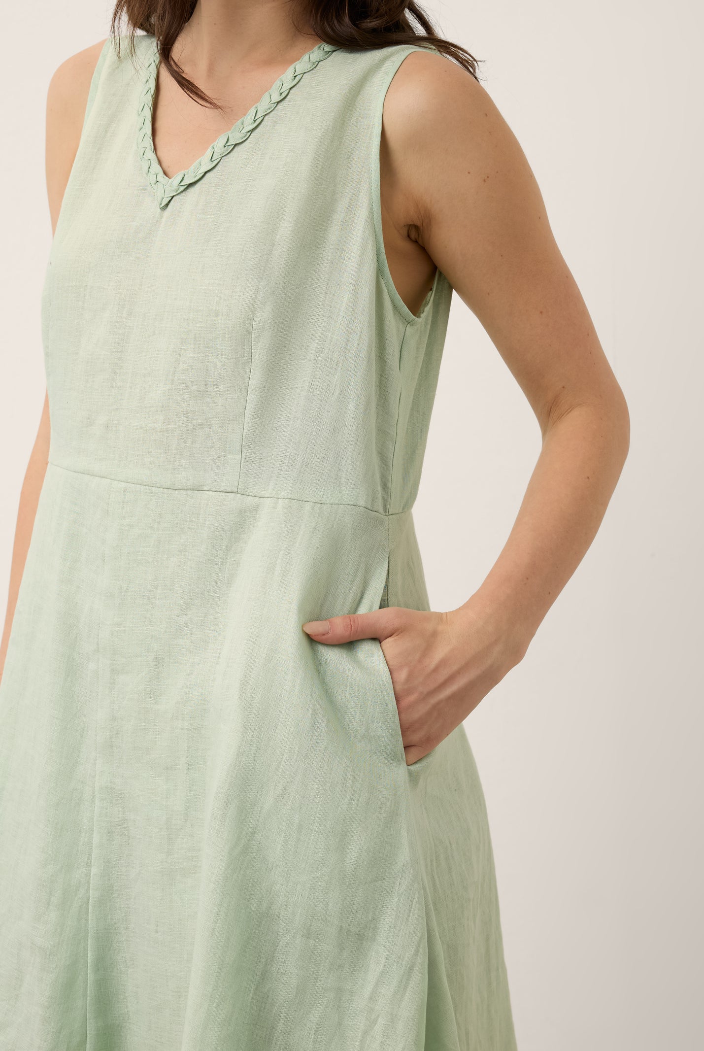 100% Linen Braided V Neck Handkerchief Hem Mini Dress ANNORA by LINTICO for women