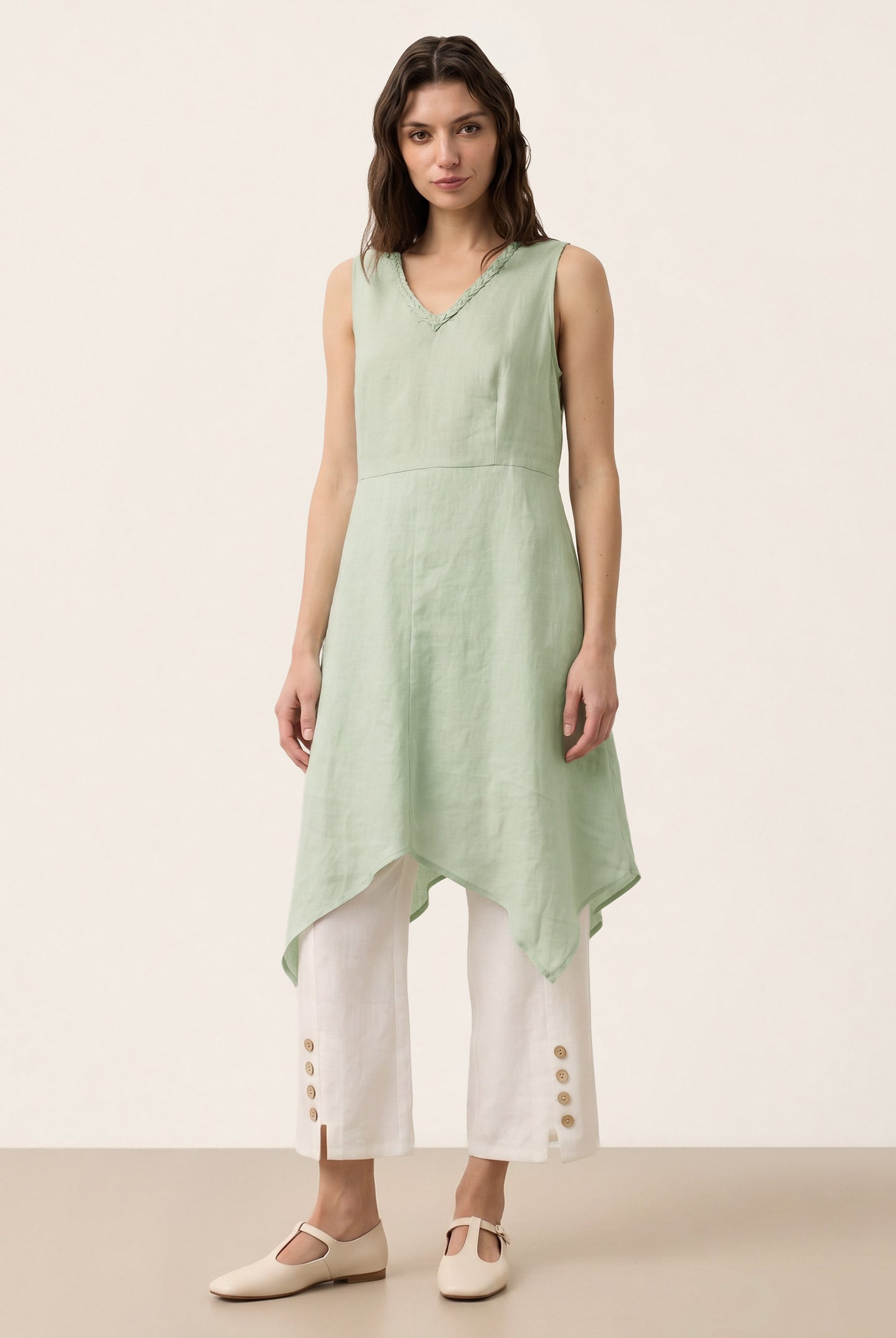 100% Linen Braided V Neck Handkerchief Hem Mini Dress ANNORA by LINTICO for women