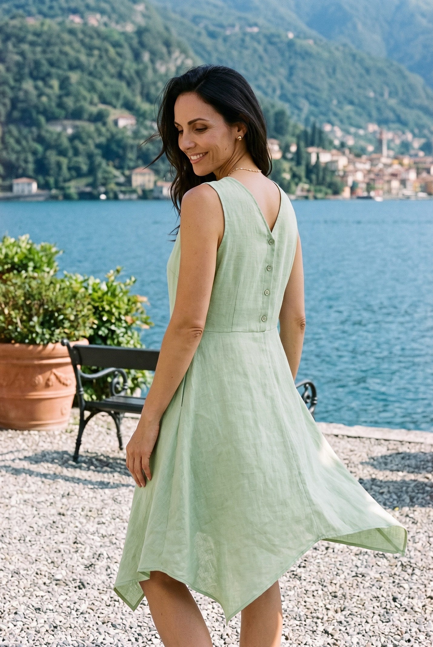 100% Linen Braided V Neck Handkerchief Hem Mini Dress ANNORA by LINTICO for women