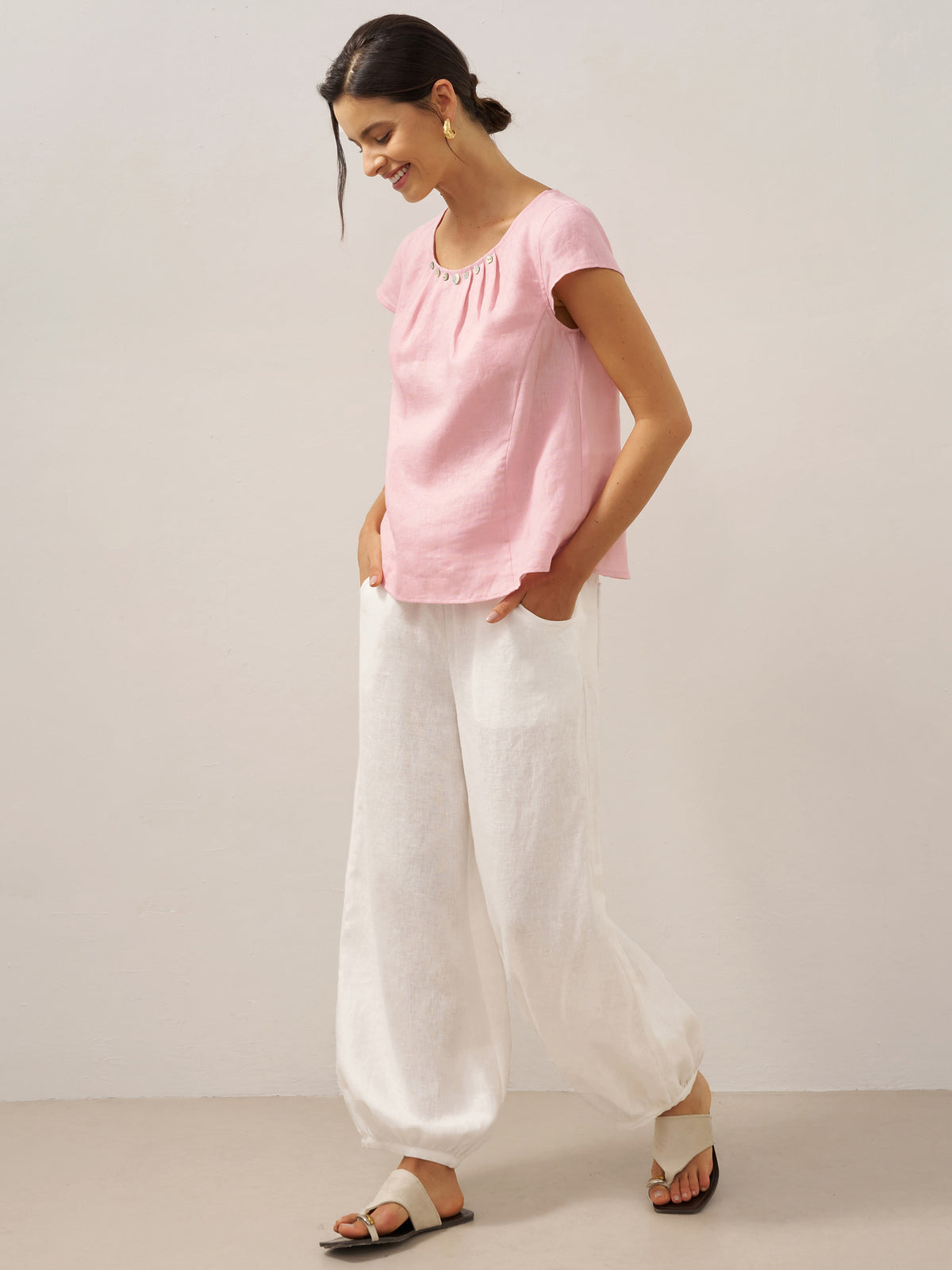 100% Linen Broad Elastic Waistband Pants TALIA by LINTICO for women
