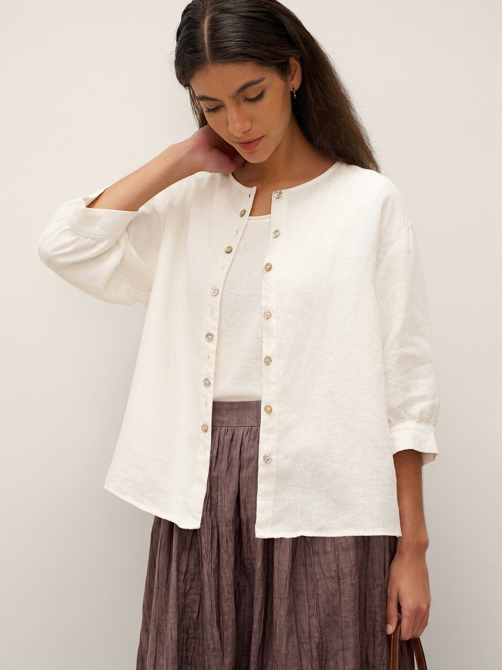 White 100% Linen Button-Front Drop Shoulder Shirt EASTER by LINTICO