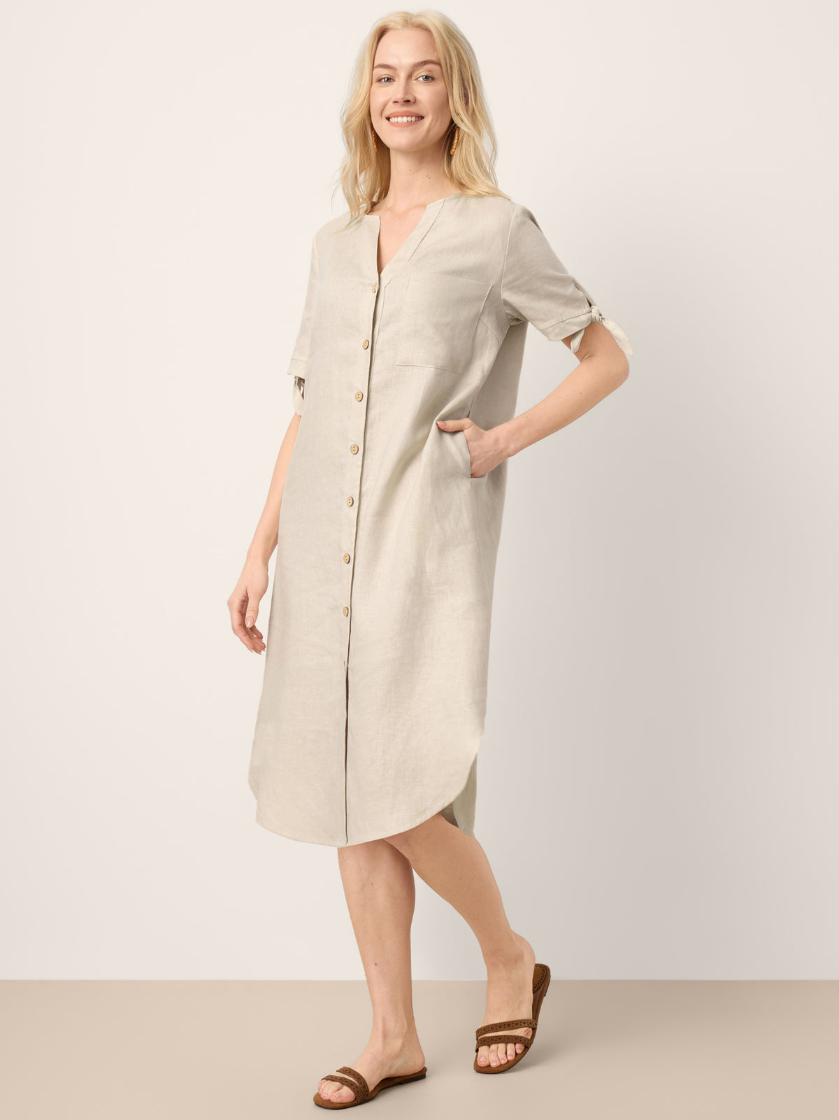 100% Linen Button-Front Tie Cuff V-Neck Shirt Dress HONORIA by LINTICO for women