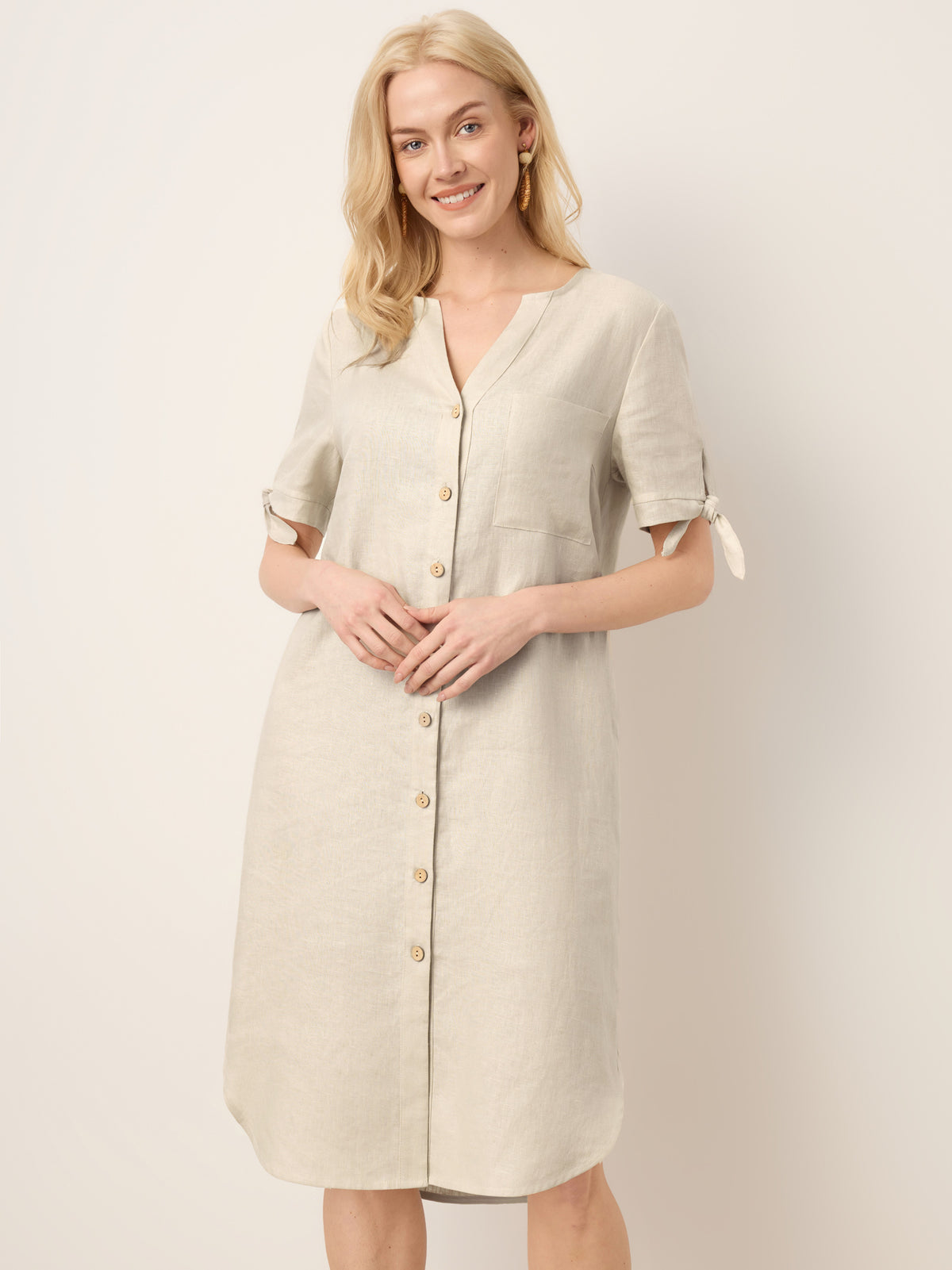 100% Linen Button-Front Tie Cuff V-Neck Shirt Dress HONORIA by LINTICO for women