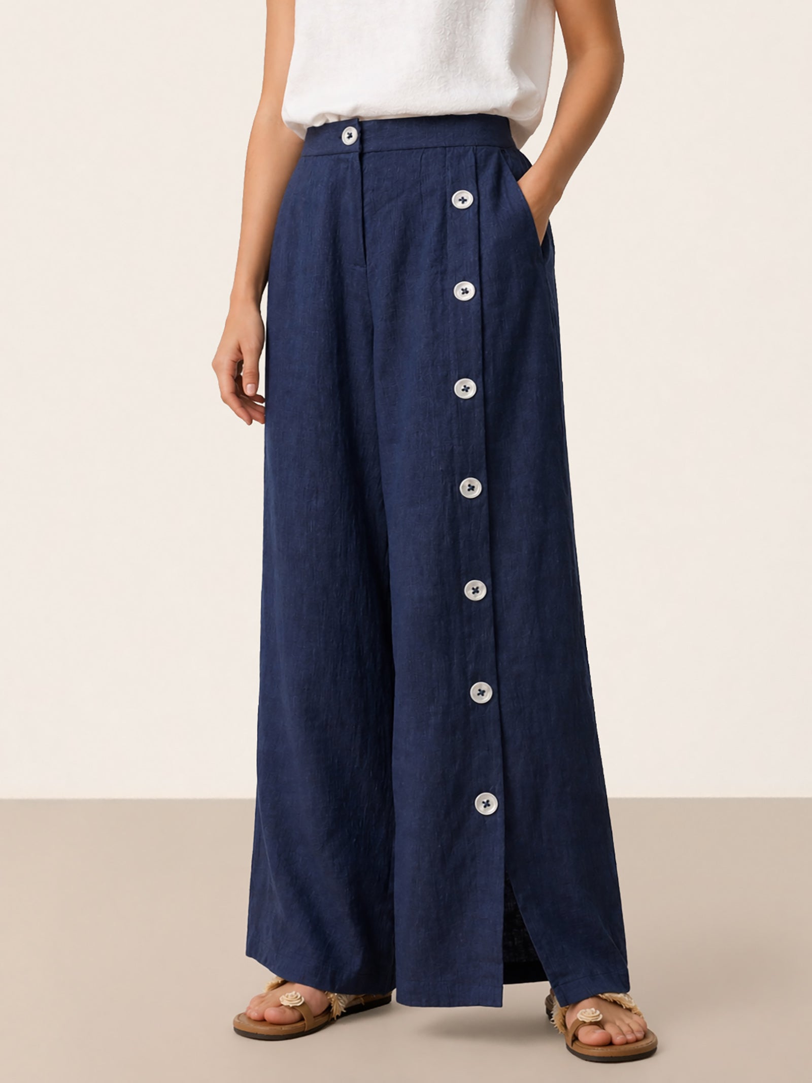 100% Linen Buttoned Slit-Hem Pants KATYA by LINTICO for women