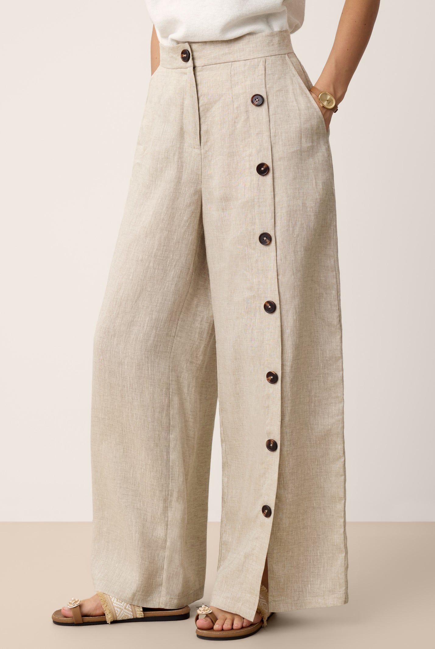 100% Linen Buttoned Slit-Hem Pants KATYA by LINTICO for women