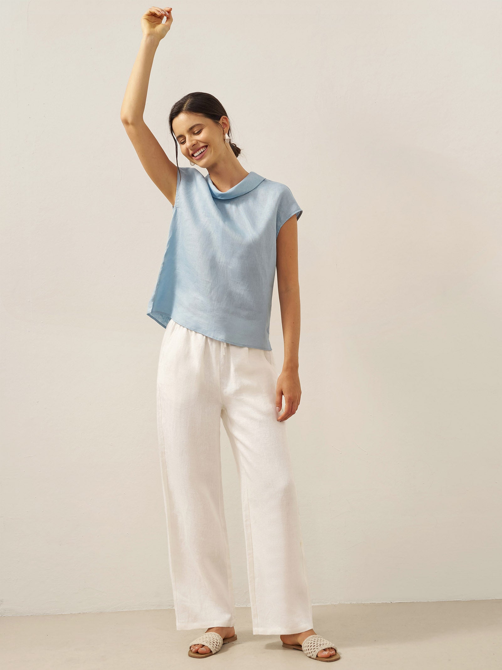 100% Linen Cap Sleeve Soft-Fold Collar Top YVONNE by LINTICO for women