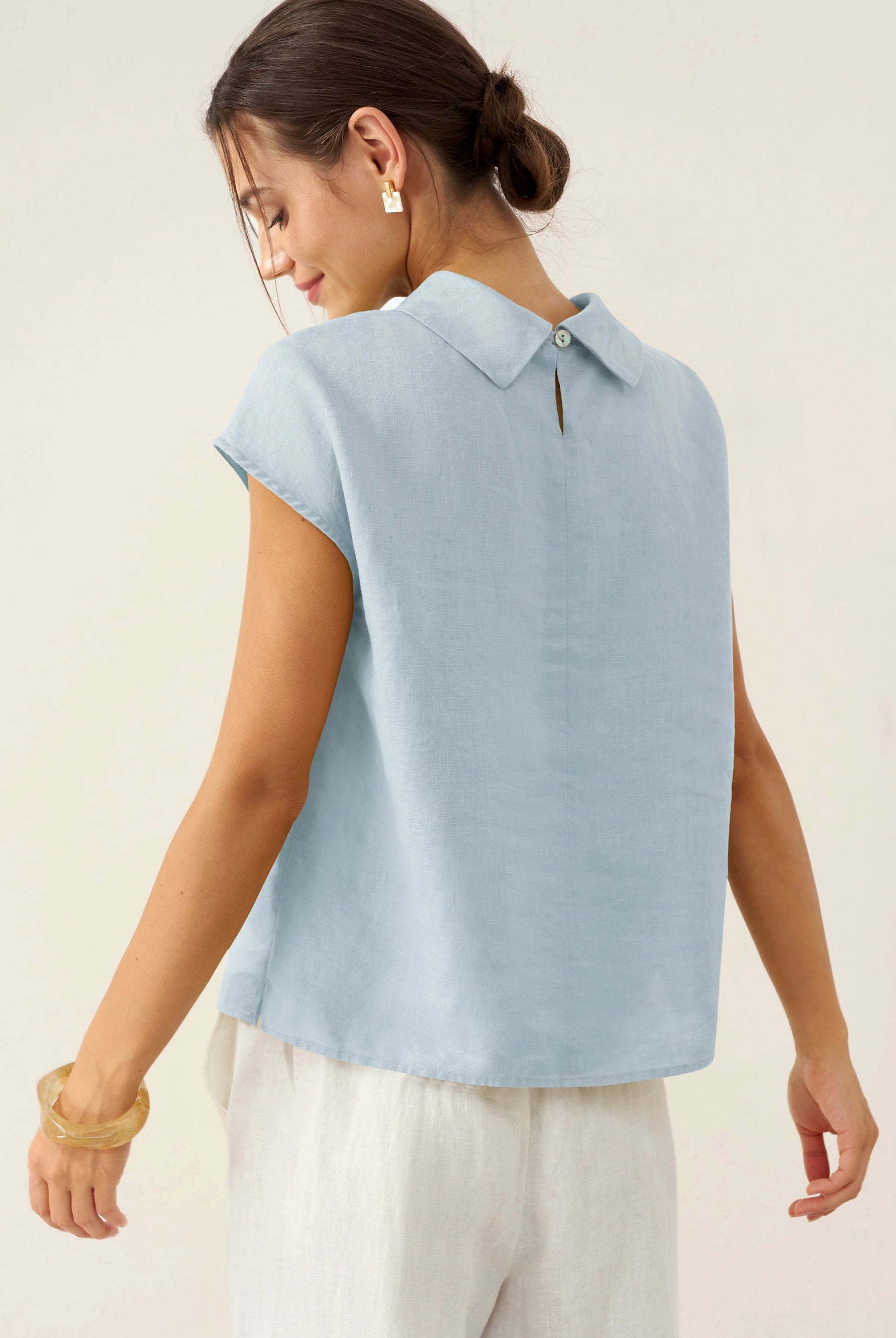 100% Linen Cap Sleeve Soft-Fold Collar Top YVONNE by LINTICO for women