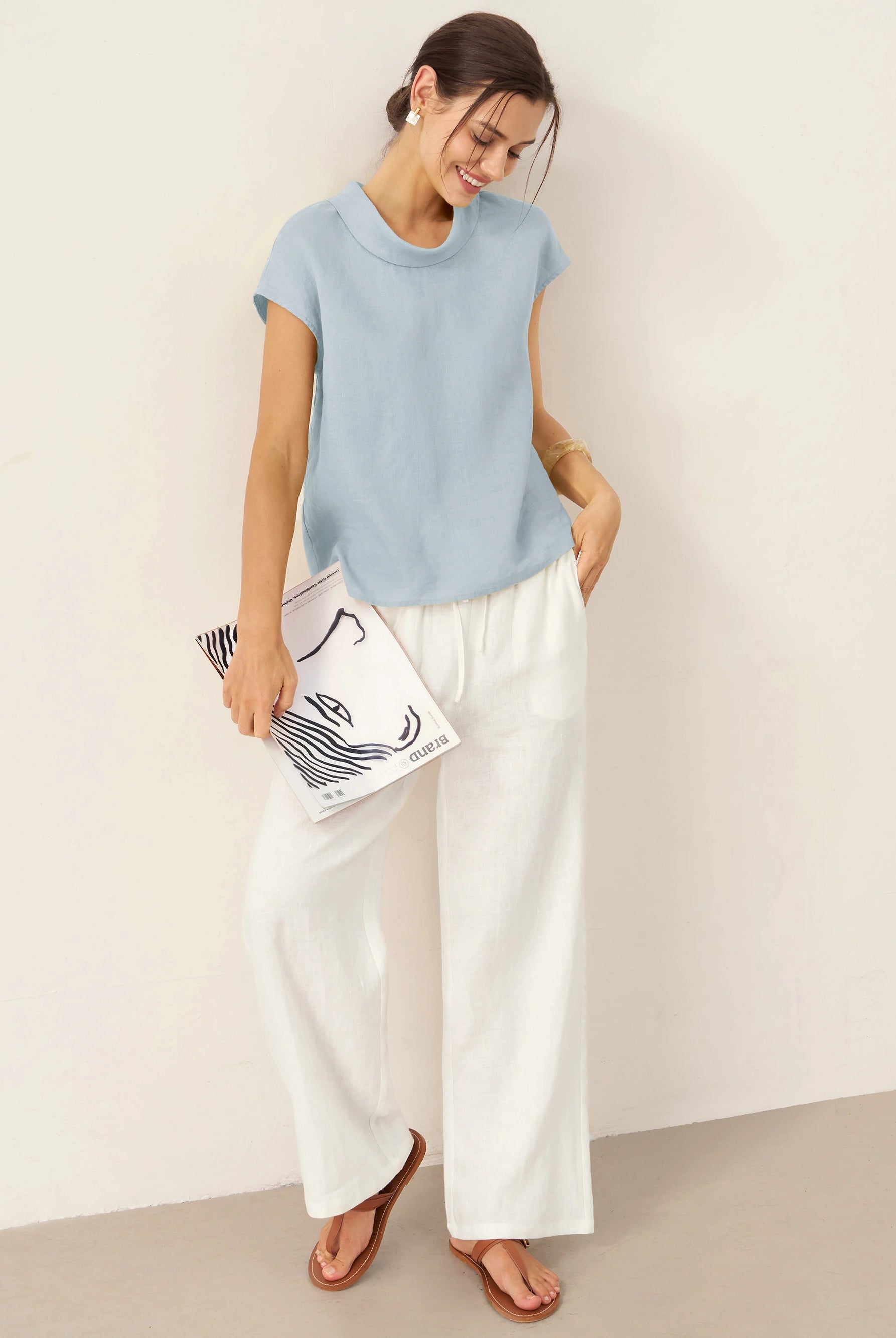 100% Linen Cap Sleeve Soft-Fold Collar Top YVONNE by LINTICO for women