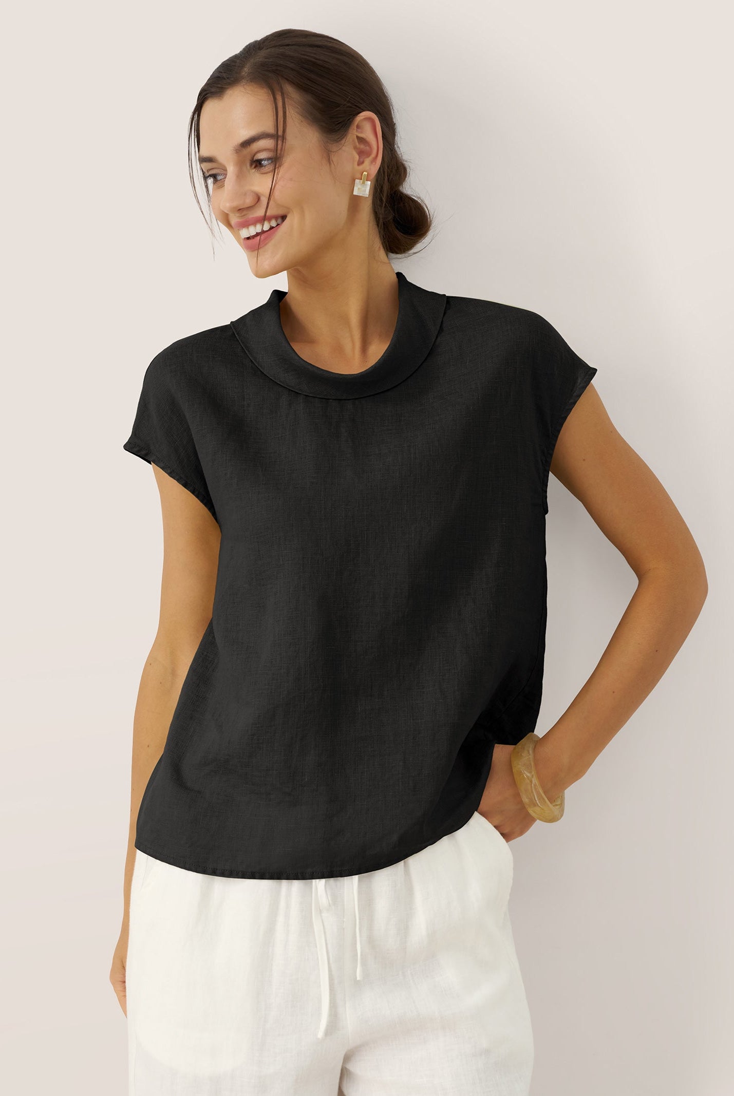 100% Linen Cap Sleeve Soft-Fold Collar Top YVONNE by LINTICO for women