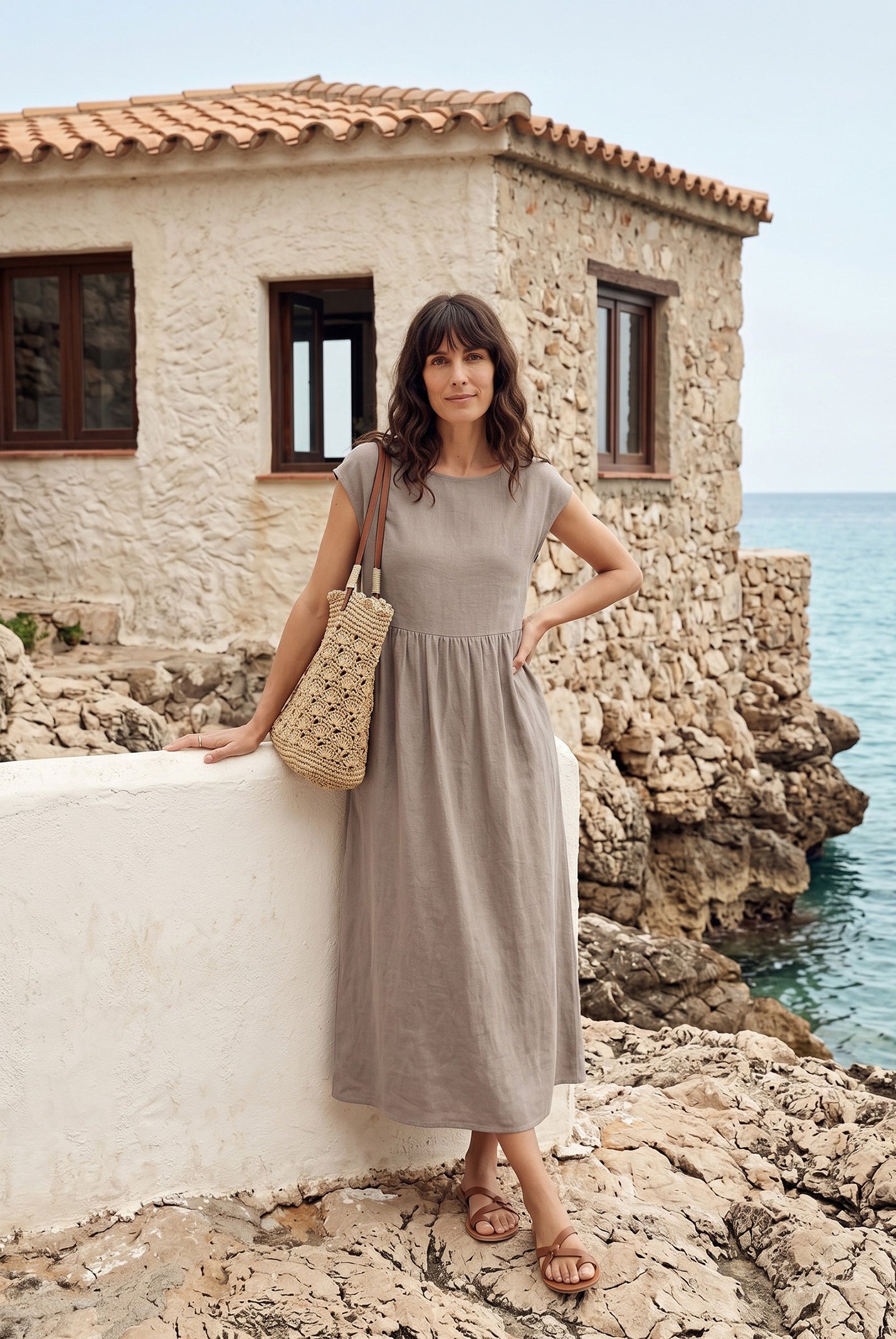 100% Linen Cap Sleeve Washed Midi Dress JOAN by LINTICO for women
