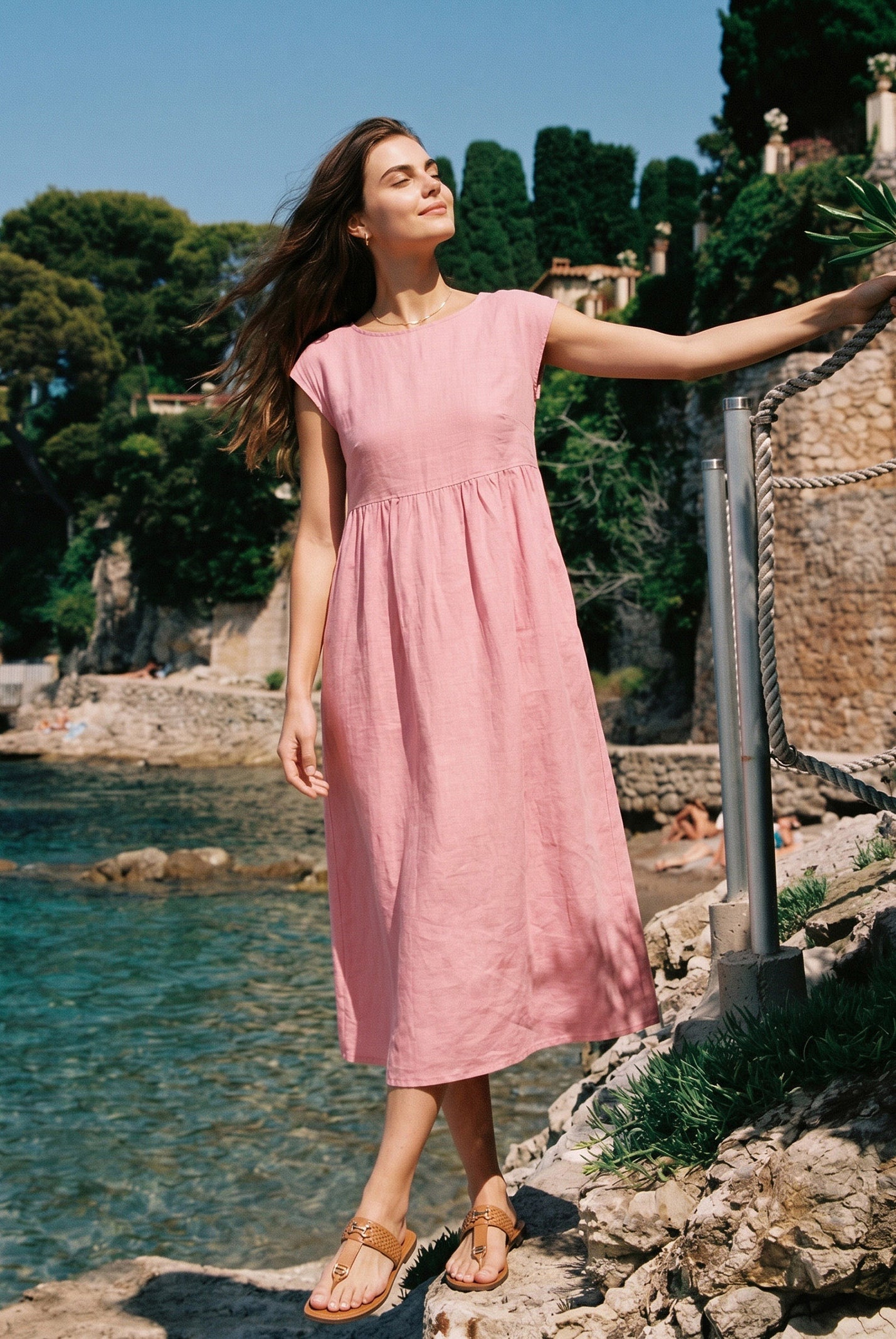 100% Linen Cap Sleeve Washed Midi Dress JOAN by LINTICO for women
