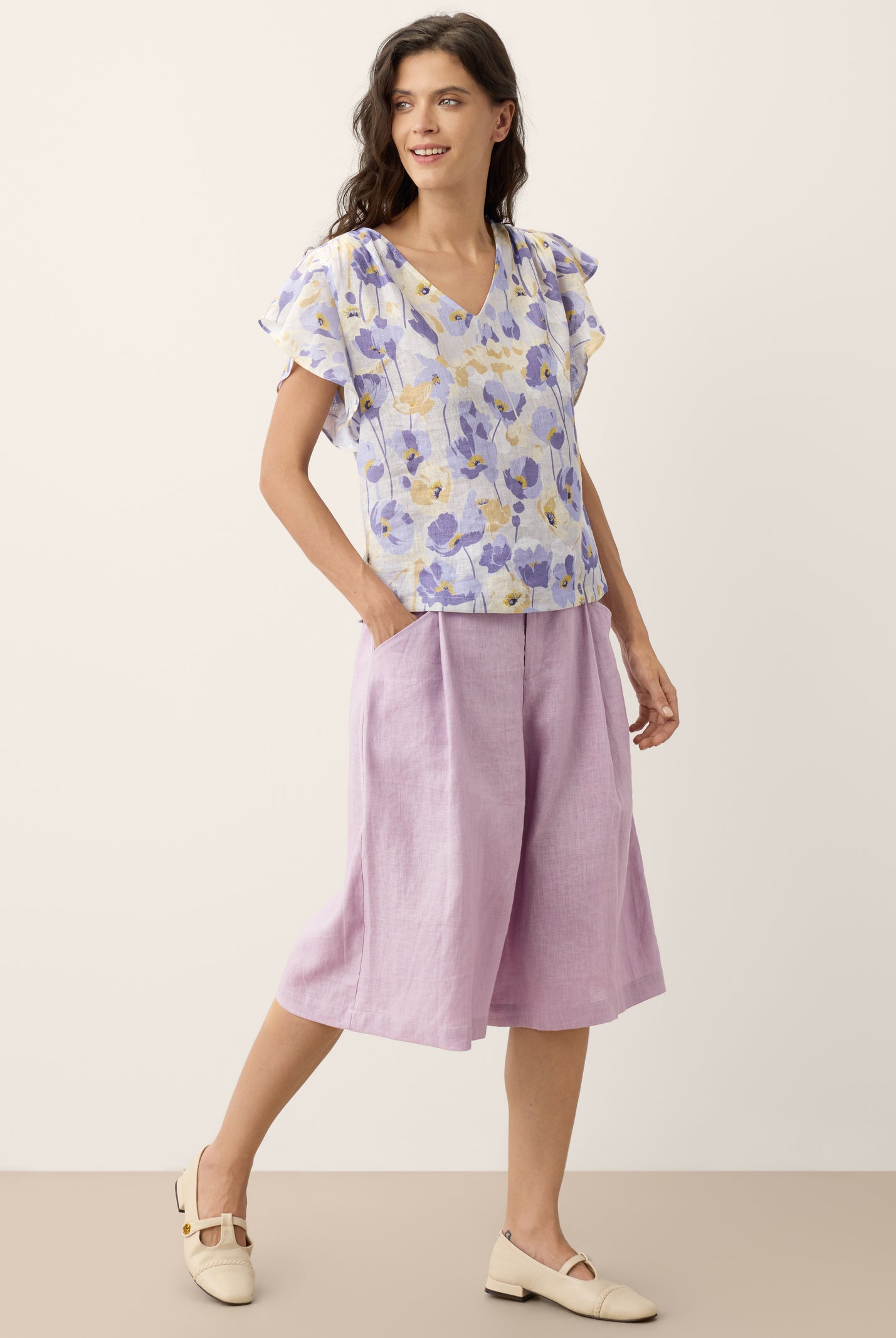 100% Linen Carnation Print Flutter Sleeve Top ELEANORA by LINTICO for women