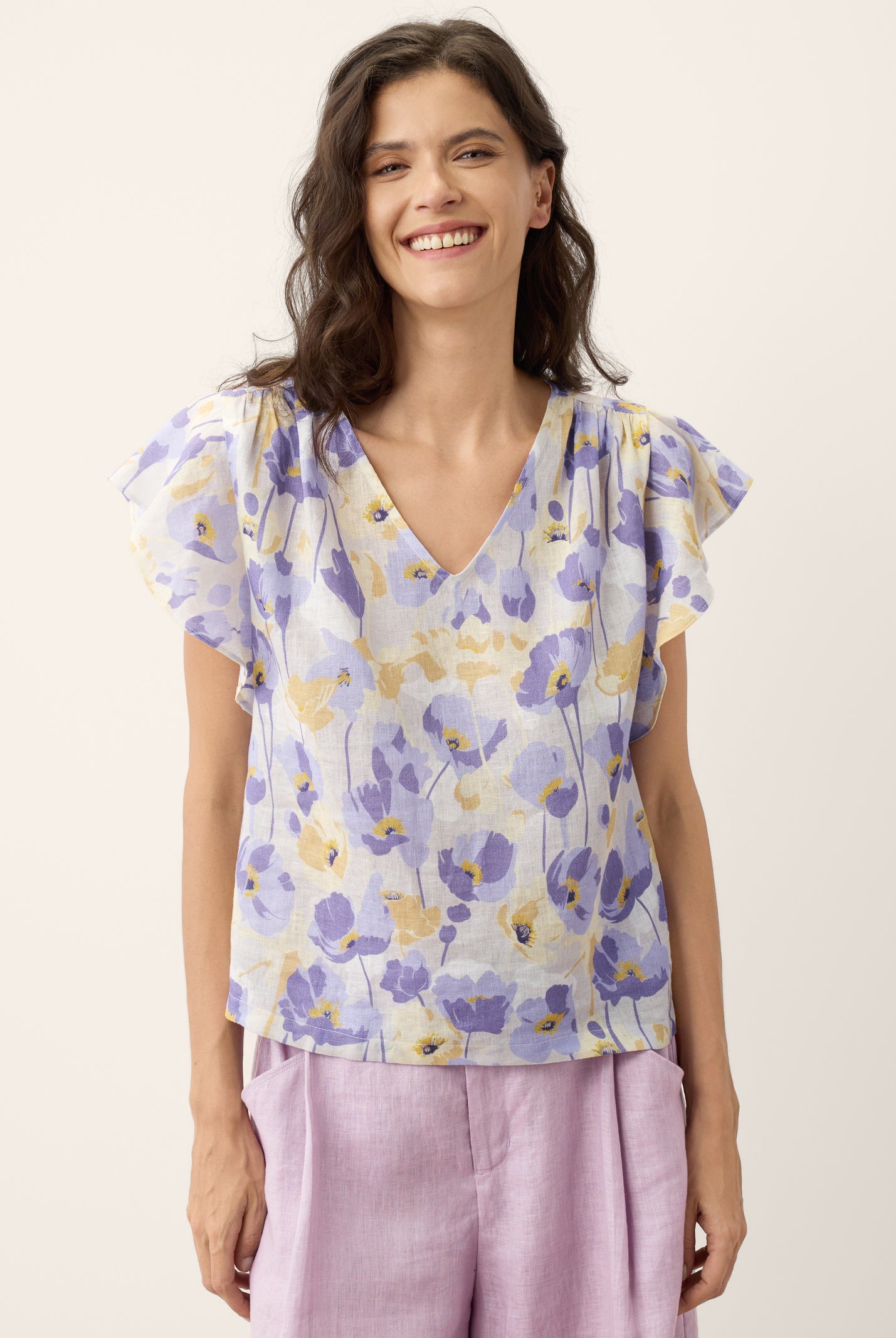 100% Linen Carnation Print Flutter Sleeve Top ELEANORA by LINTICO for women