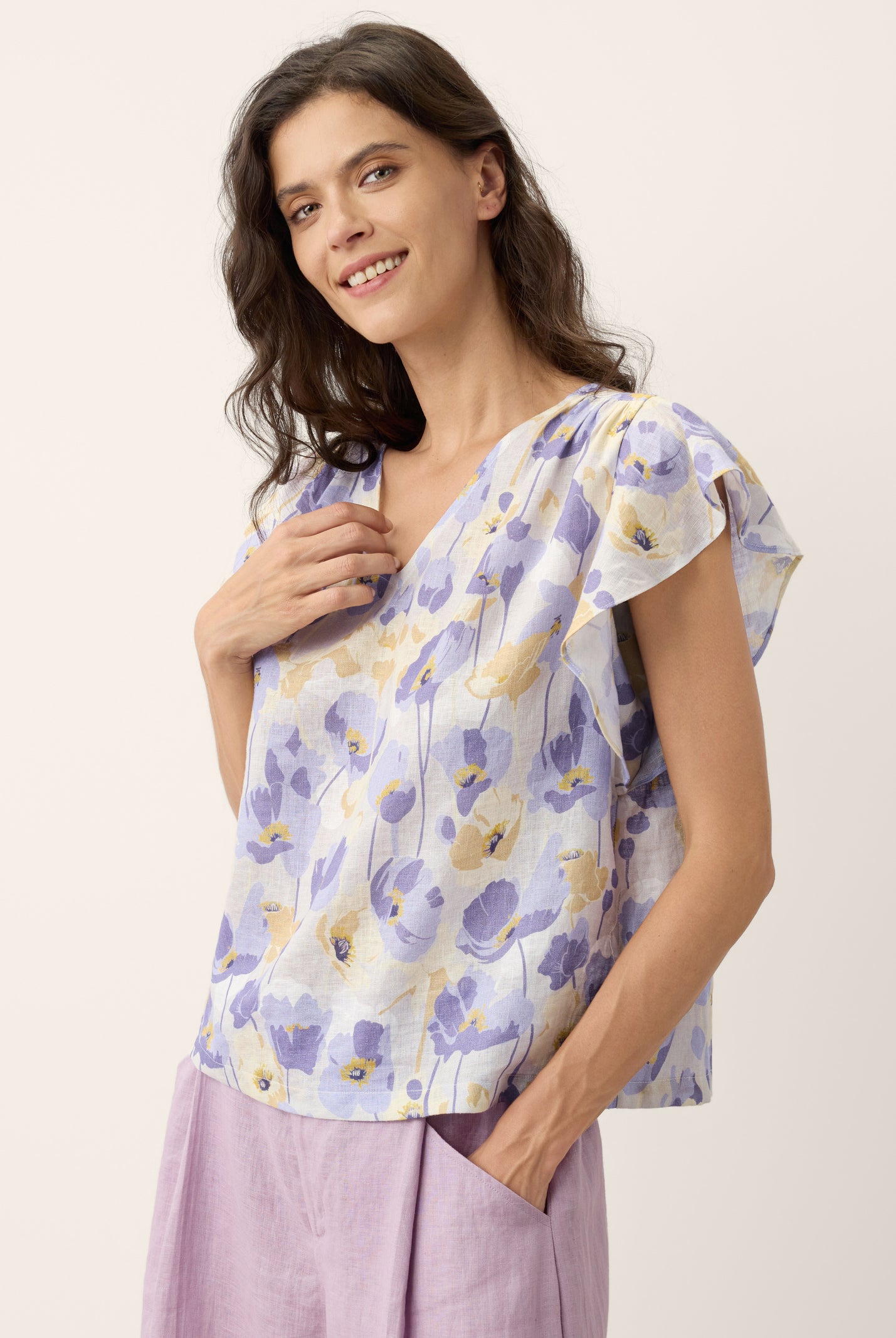 100% Linen Carnation Print Flutter Sleeve Top ELEANORA by LINTICO for women