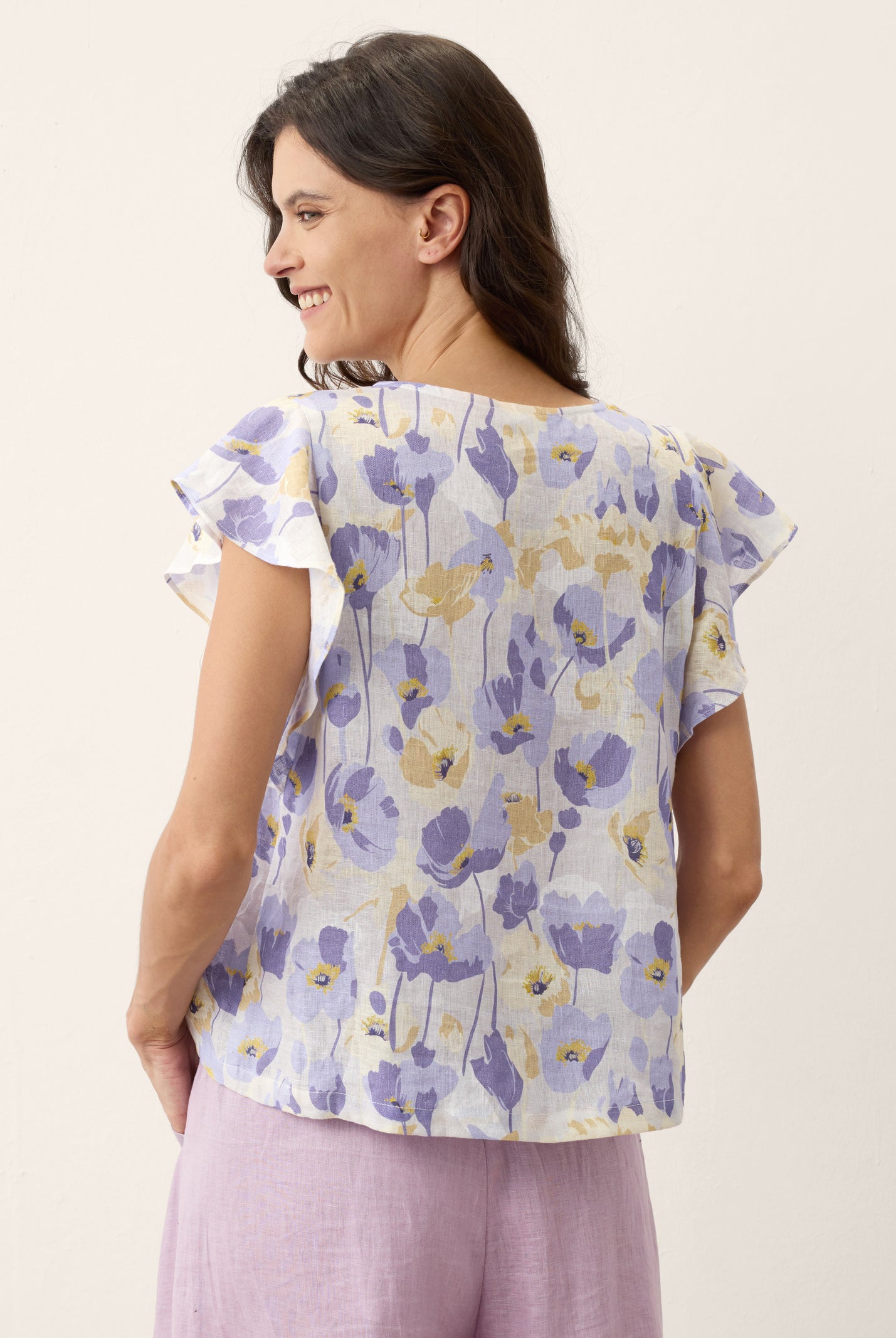 100% Linen Carnation Print Flutter Sleeve Top ELEANORA by LINTICO for women