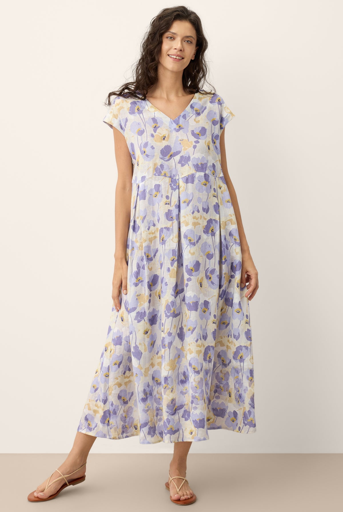 Robe longue en 100% lin à imprimé œillets et taille festonnée HARRIET de LINTICO pour femme