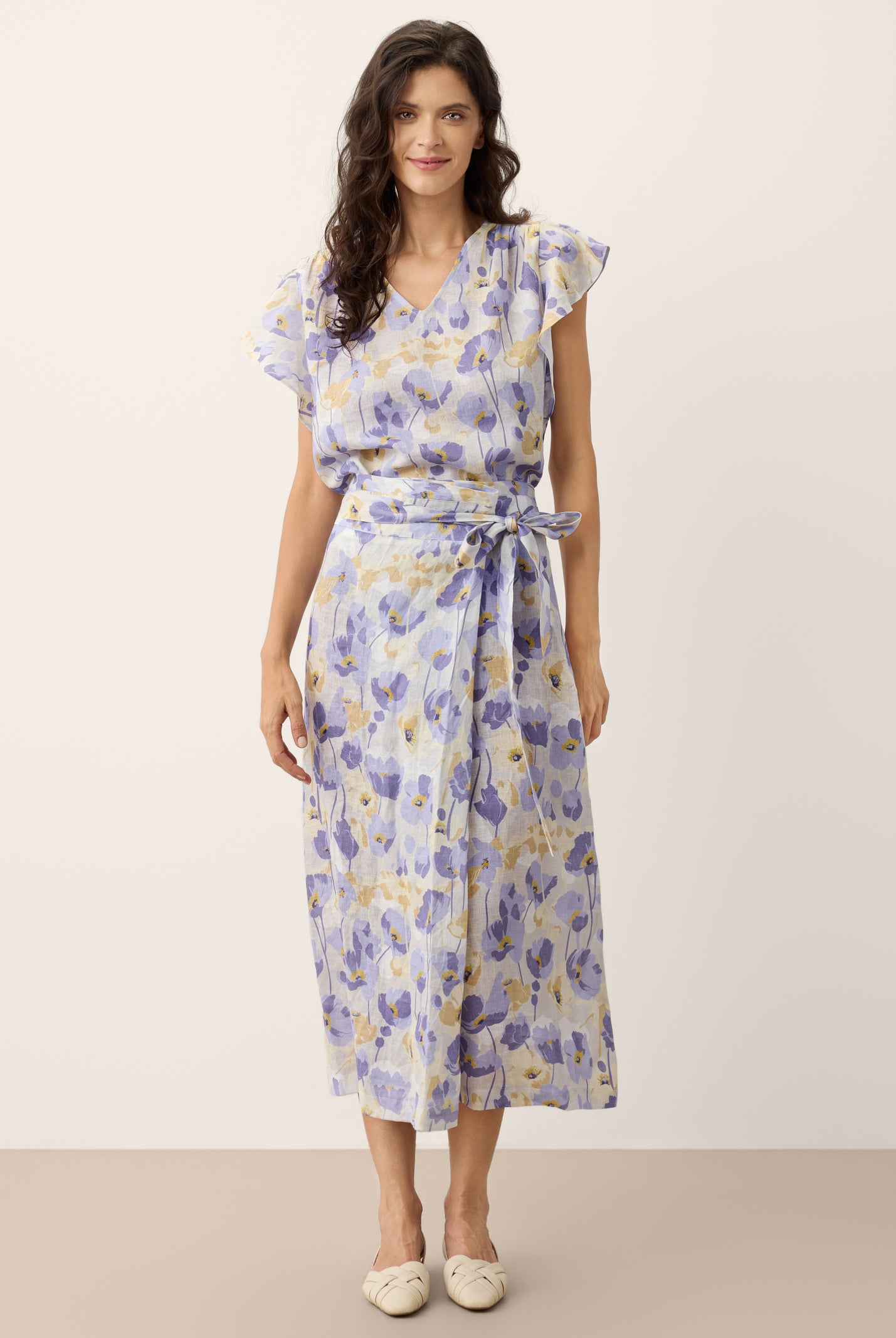 100% Linen Adjustable Wrap-Tie Carnation Print Skirt FRANCESCA by LINTICO for women
