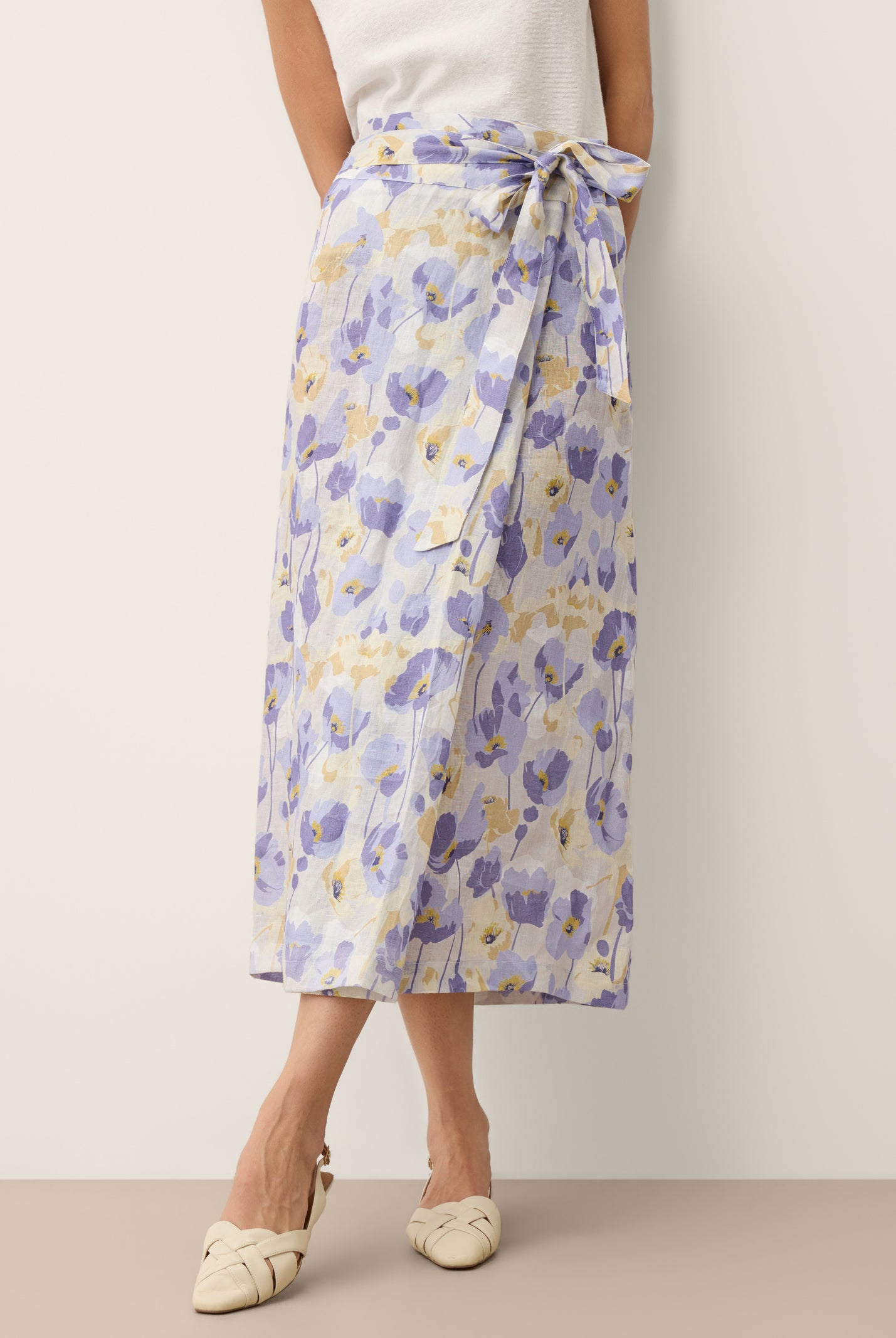 100% Linen Adjustable Wrap-Tie Carnation Print Skirt FRANCESCA by LINTICO for women