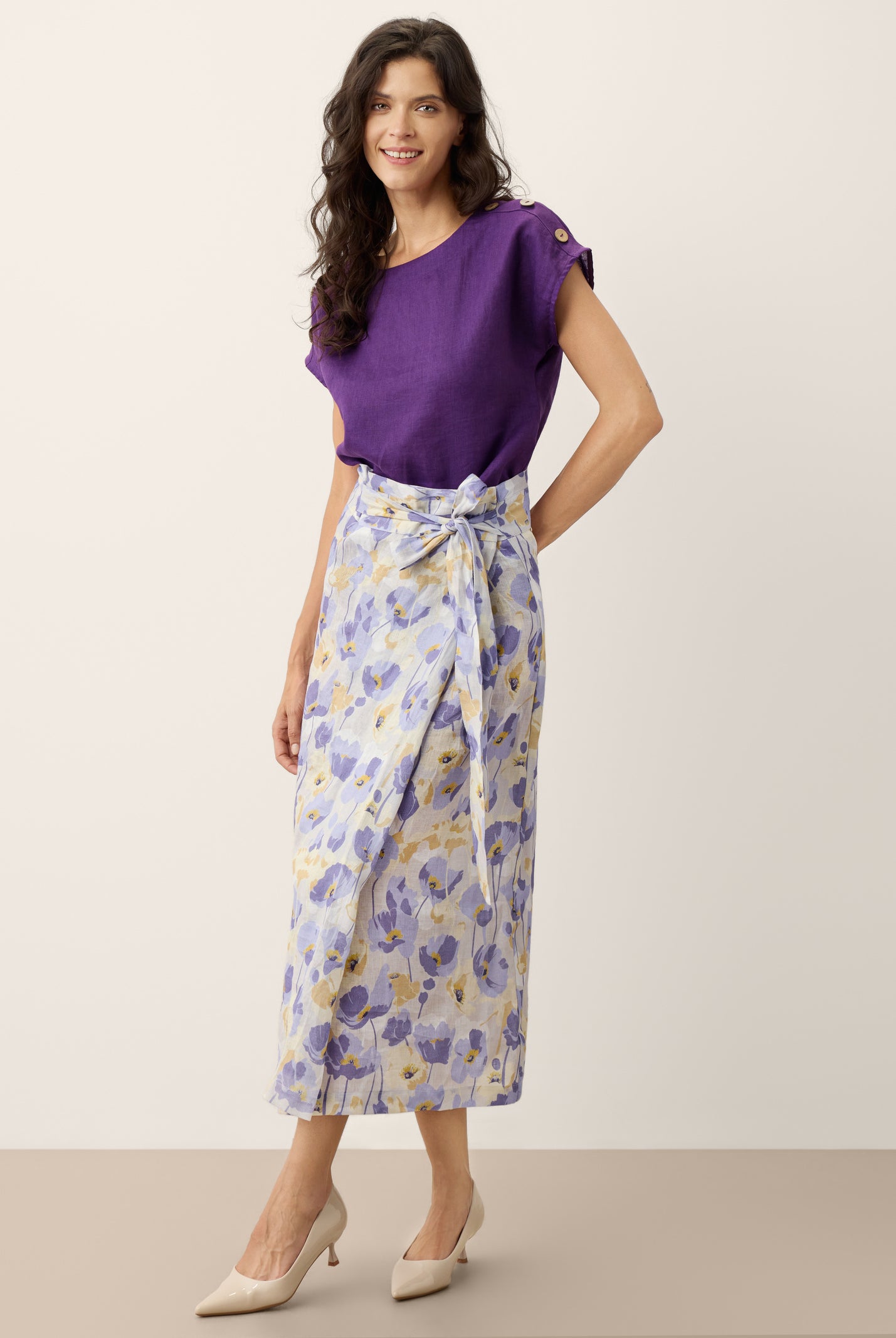 100% Linen Adjustable Wrap-Tie Carnation Print Skirt FRANCESCA by LINTICO for women