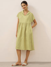 Robe midi trapèze femme SAGE 100% lin à col et taille plissée par LINTICO