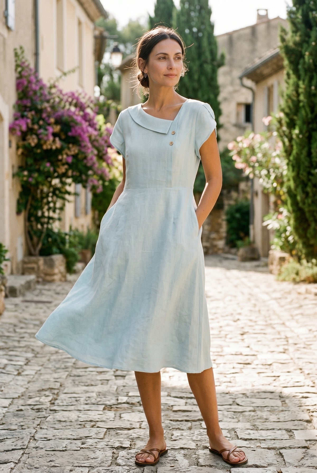 100% Linen Crescent Collar Flutter Sleeve Mini Dress FIONA by LINTICO for women
