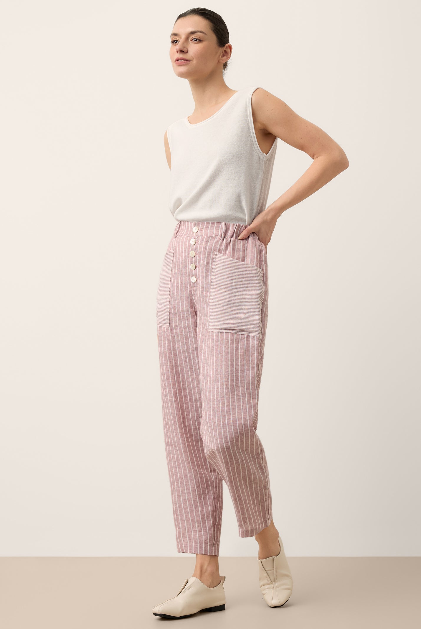 100% Linen Striped Patch Pocket Tapered Pants NERISSAH by LINTICO for women