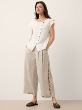 100% Linen Cutwork Side Detail Elasticated Waist Cropped Wide Leg Pants RAMONA by LINTICO