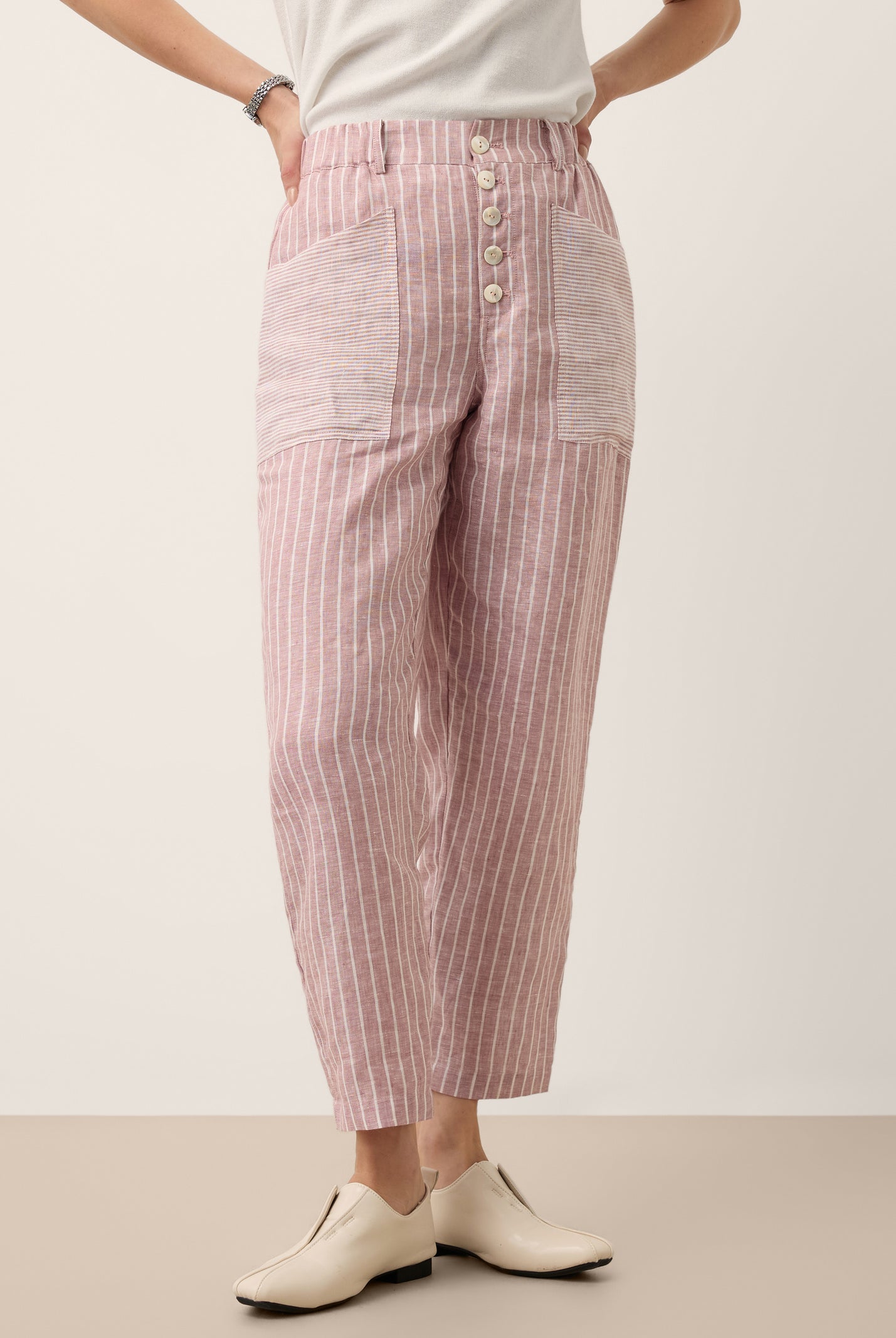 100% Linen Striped Patch Pocket Tapered Pants NERISSAH by LINTICO for women