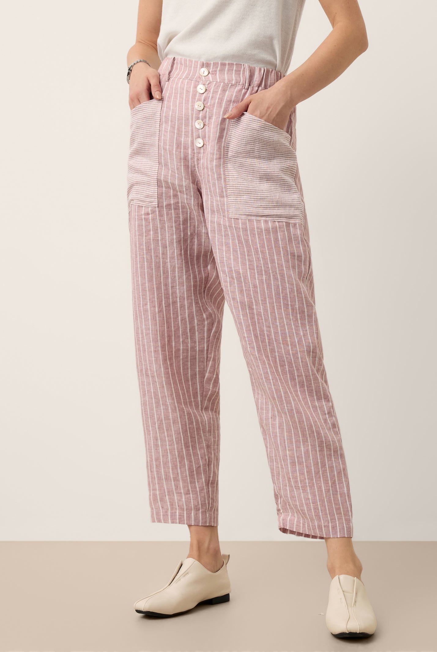 100% Linen Striped Patch Pocket Tapered Pants NERISSAH by LINTICO for women