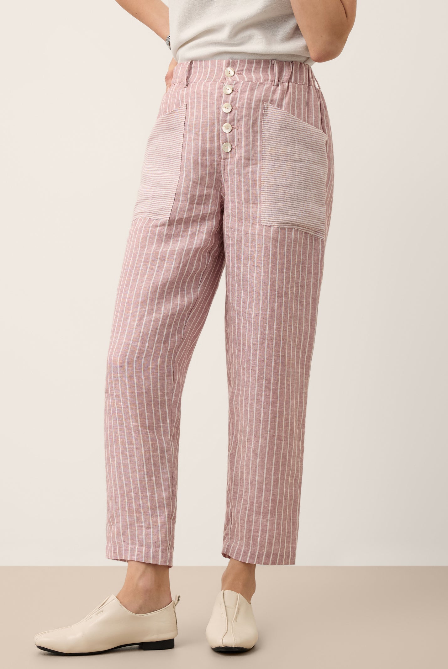 100% Linen Striped Patch Pocket Tapered Pants NERISSAH by LINTICO for women