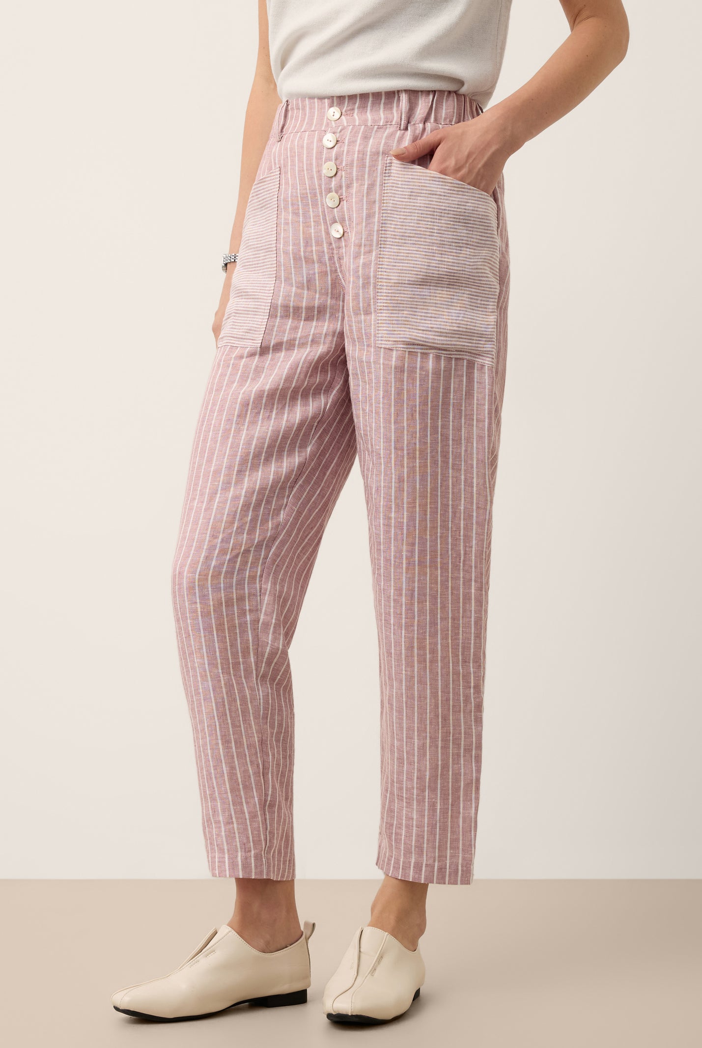 100% Linen Striped Patch Pocket Tapered Pants NERISSAH by LINTICO for women